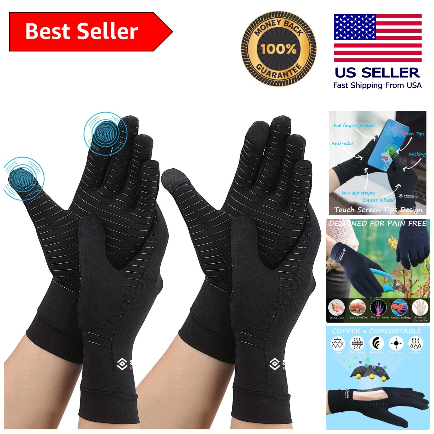 2 Pairs Lightweight Copper Arthritis Gloves – Compression & Touch Screen Ability