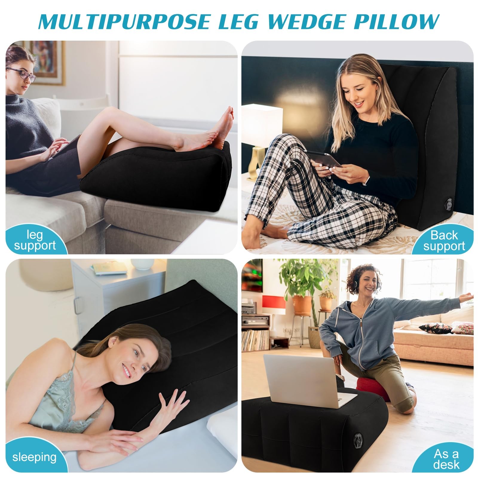 Wedge Pillow for Sleeping – Inflatable Leg Elevation Medium, Black