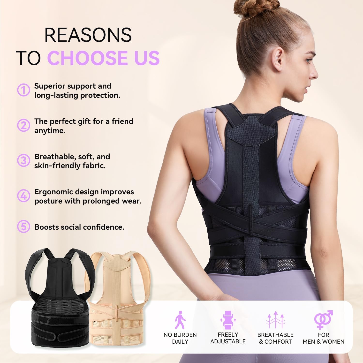 Posture Corrector for Women and Men, Adjustable Back M (Waist 30″-33″), Black