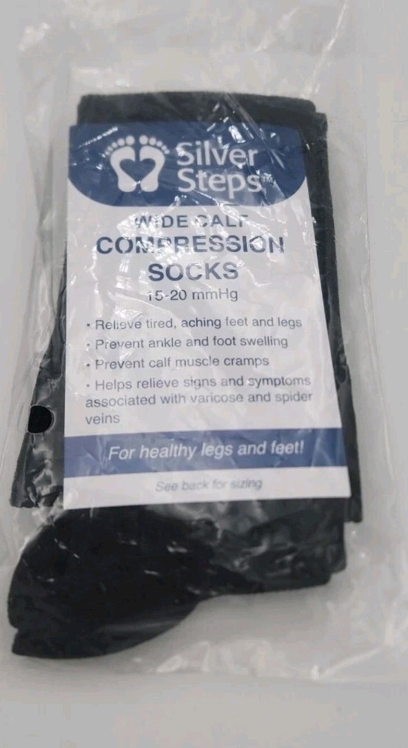 Compression Socks Wide Calf 15-20mmHg Black Tan Large Silver Steps 2 Pack New