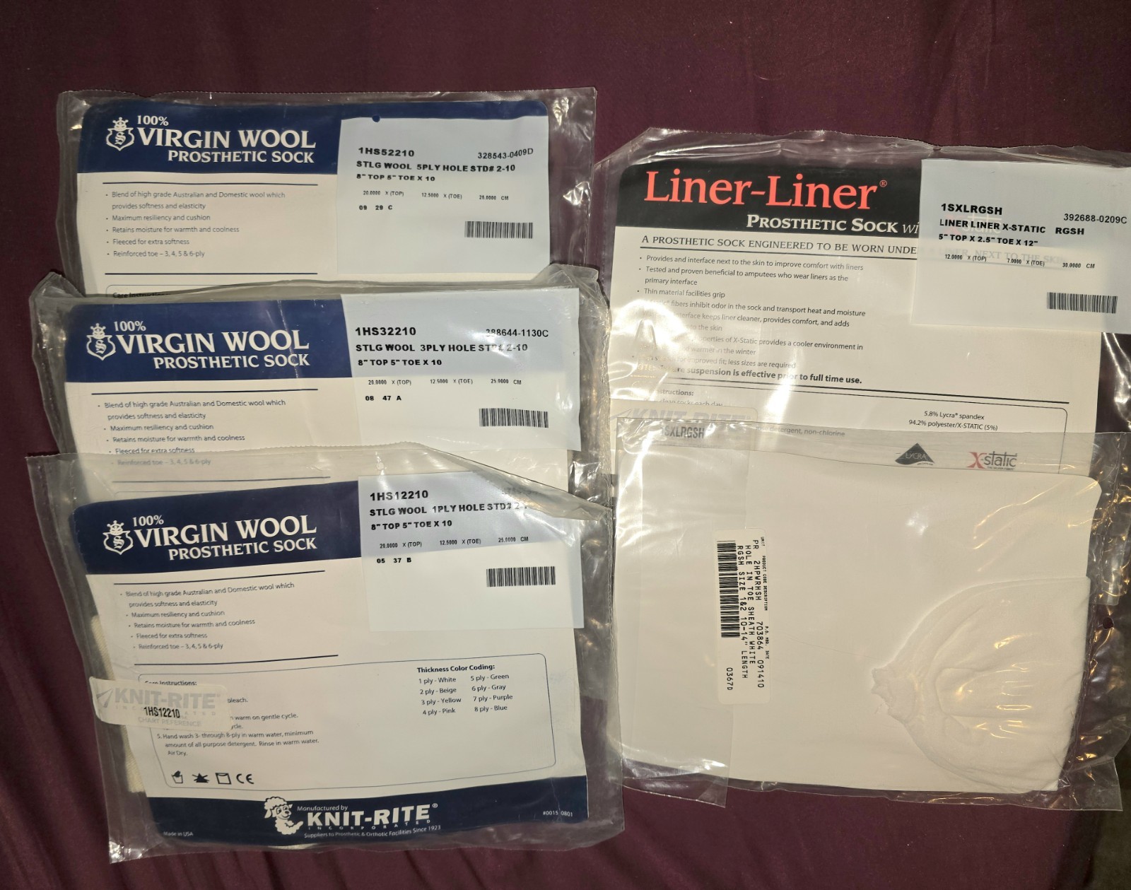 5 New Prosthetic XL Wool Socks 1 Ply 3 Ply 5 Ply & 2 Cotton X-Static Socks