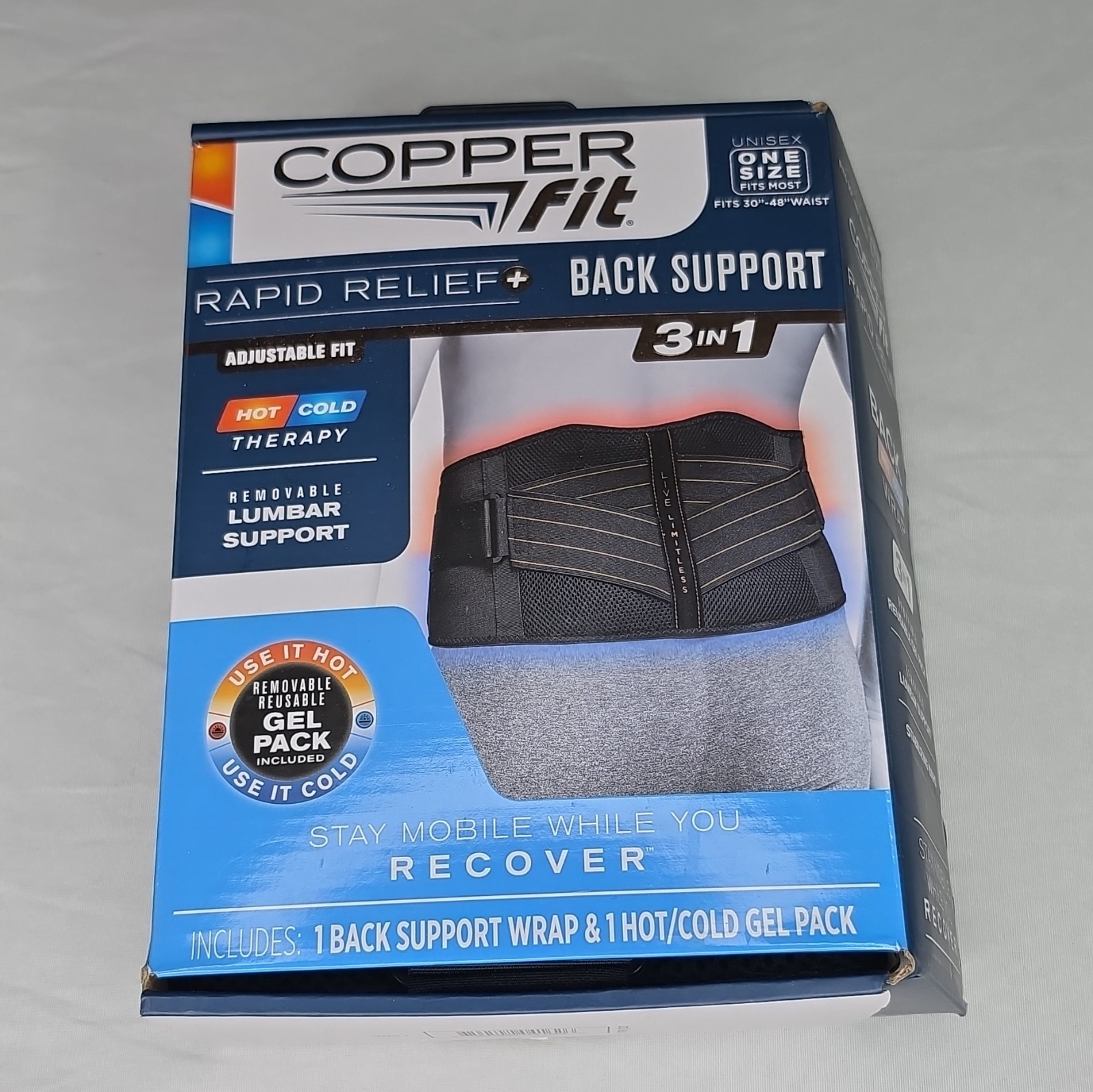 Copper Fit Rapid Relief+ Back Support Wrap Hot/Cold Gel Pack Lumbar, One Size