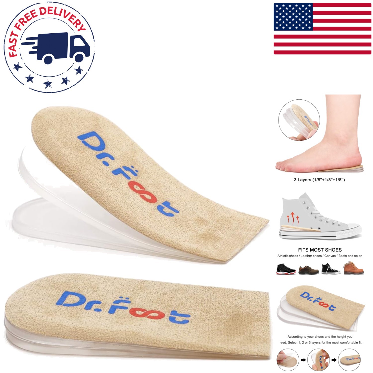 Dr.Foot Adjustable Gel Heel Lift Inserts – Ideal for Leg Length Discrepancies