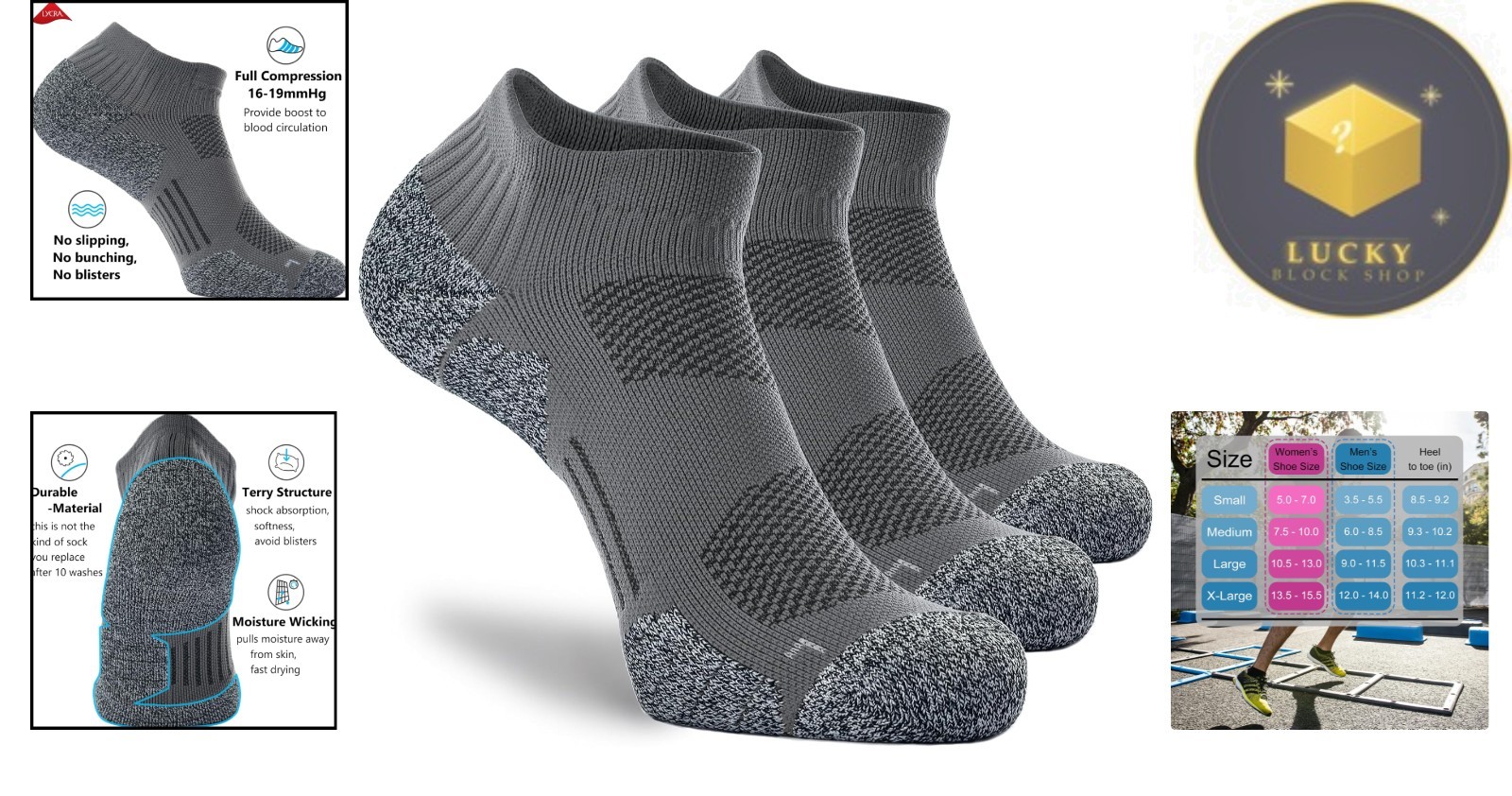 Moisture-Wicking No-Show Compression Athletic Socks for Active Lifestyle 3-Pack