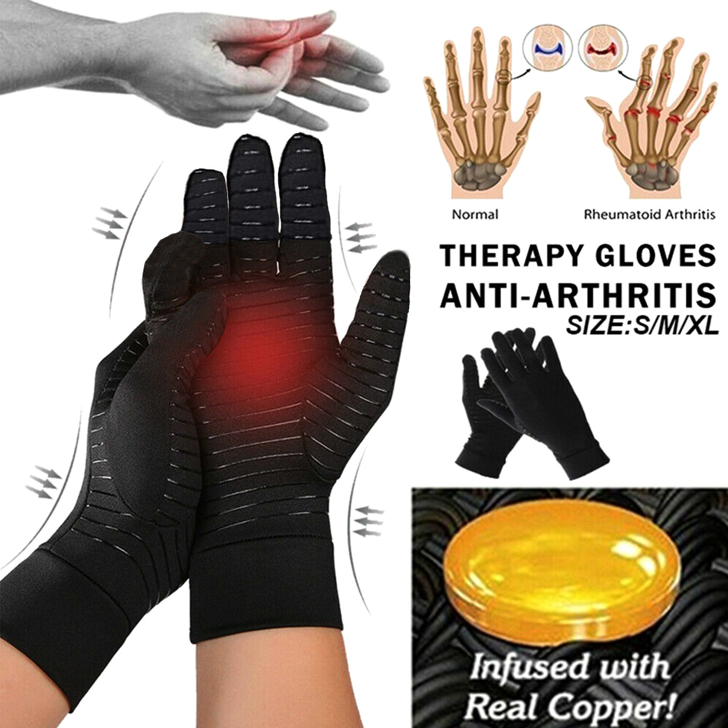 Compression Arthritis Gloves Copper Infused Rheumatoid for finger Pain Relief US