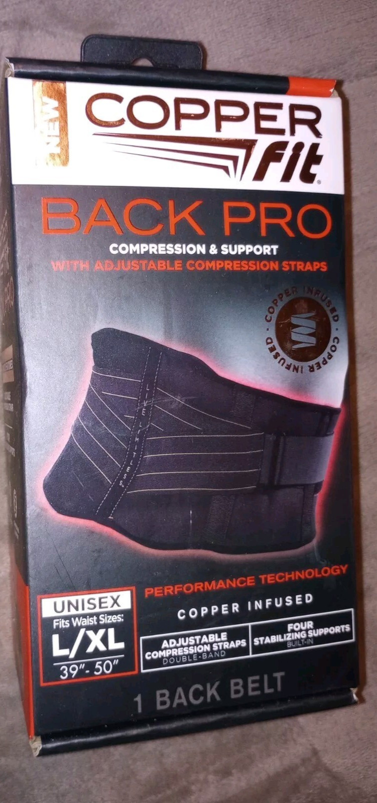 NIB Copper Fit Back Pro Compression Support Belt w/ Straps L/ XL 39″-50″ Waist