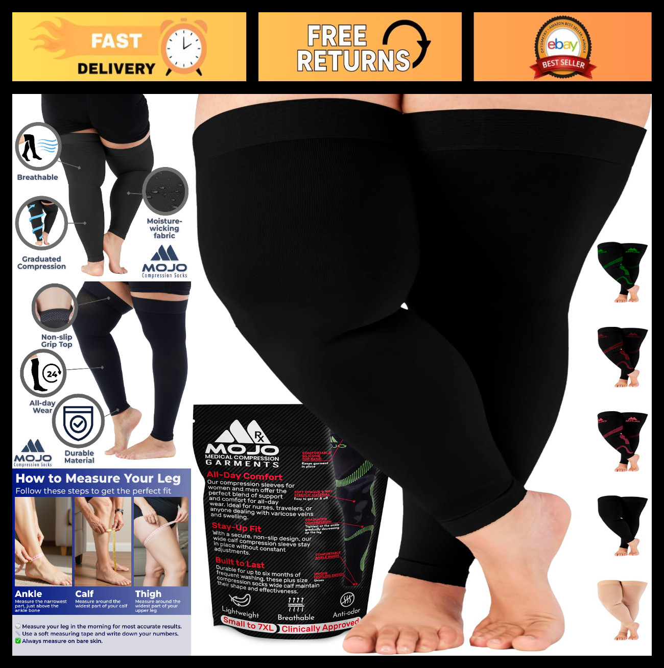 Compression Thigh-High Socks 20-30mmHg Support Sleeves – Reduces Swelling, Varic