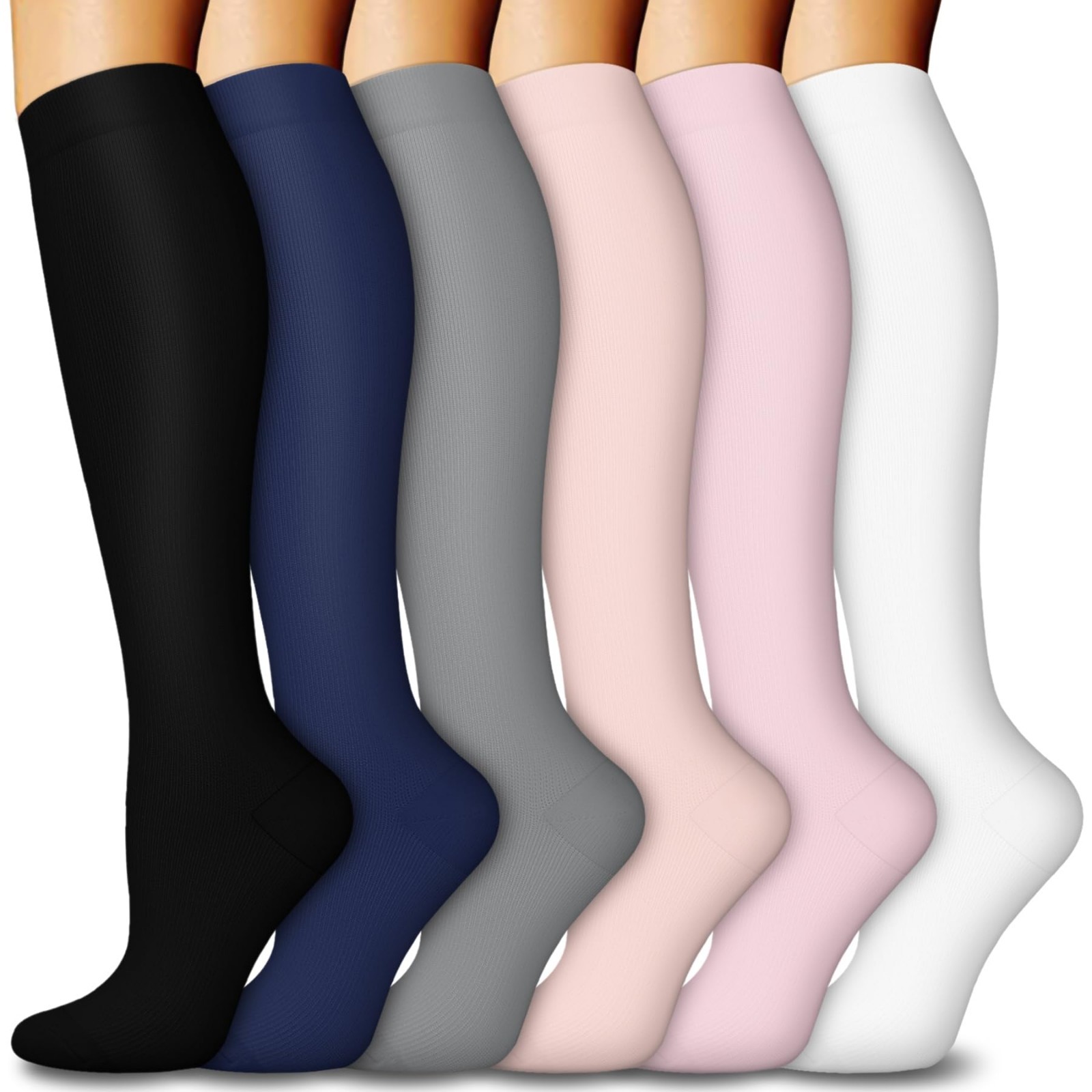 6 Pairs Compression Socks 15-20mmHg Knee High Support for Men & Women, Travel, A
