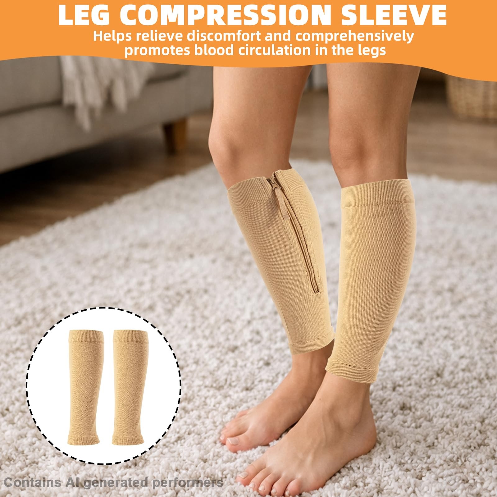 2 Piece Compression Sleeves for Women Calf, Leg One Size, Skin tone