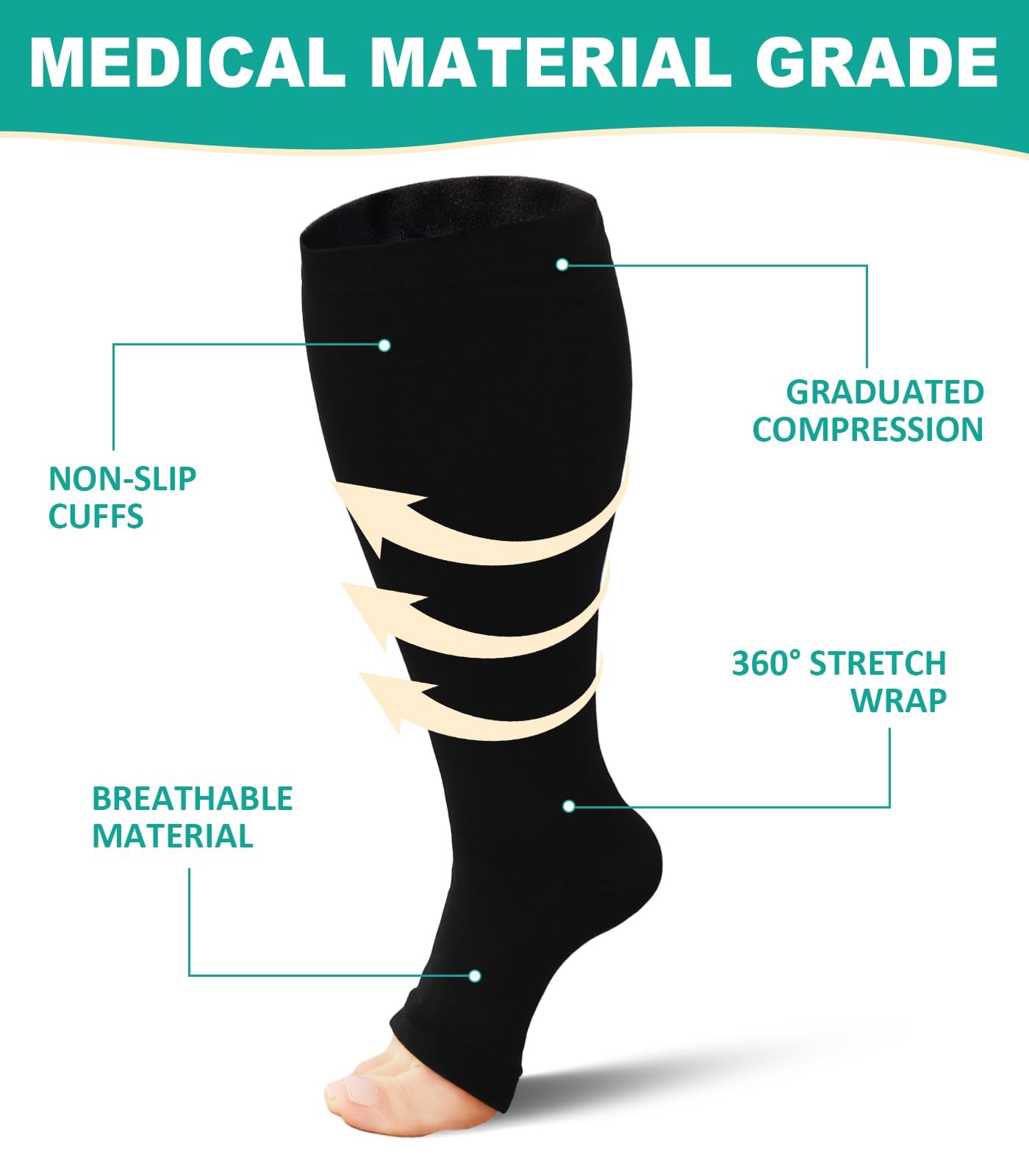 BODALA Plus Size Compression Socks: Wide Calf Toeless XL, Black-2 Pairs