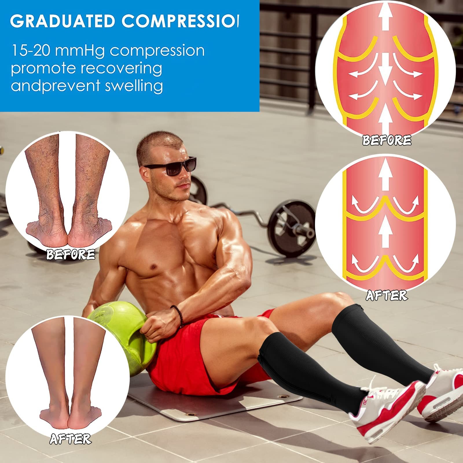 Zipper Close Toe Compression Socks for Women and Men 2 Pairs Knee high 15-20m…