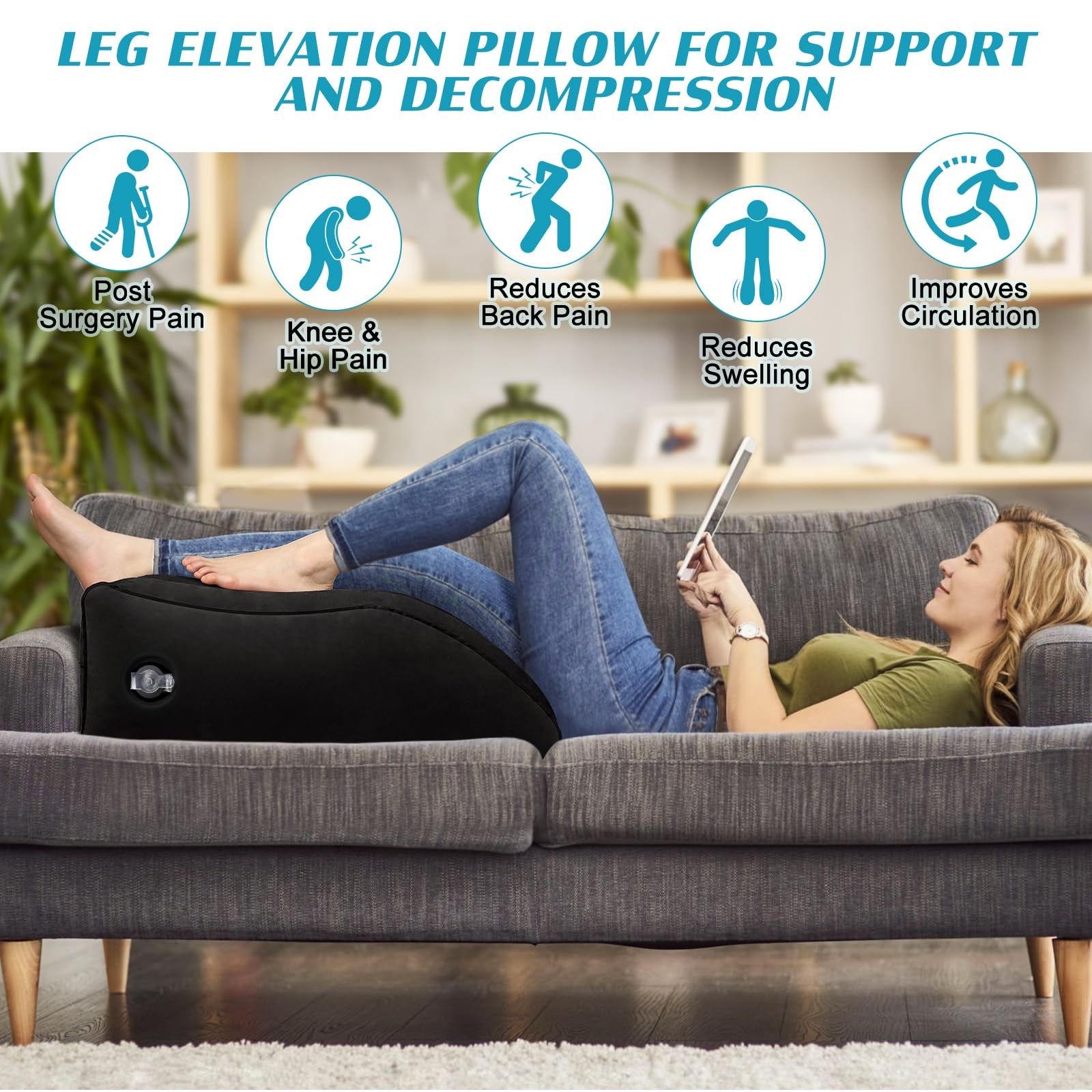 Wedge Pillow for Sleeping – Inflatable Leg Elevation Medium, Black