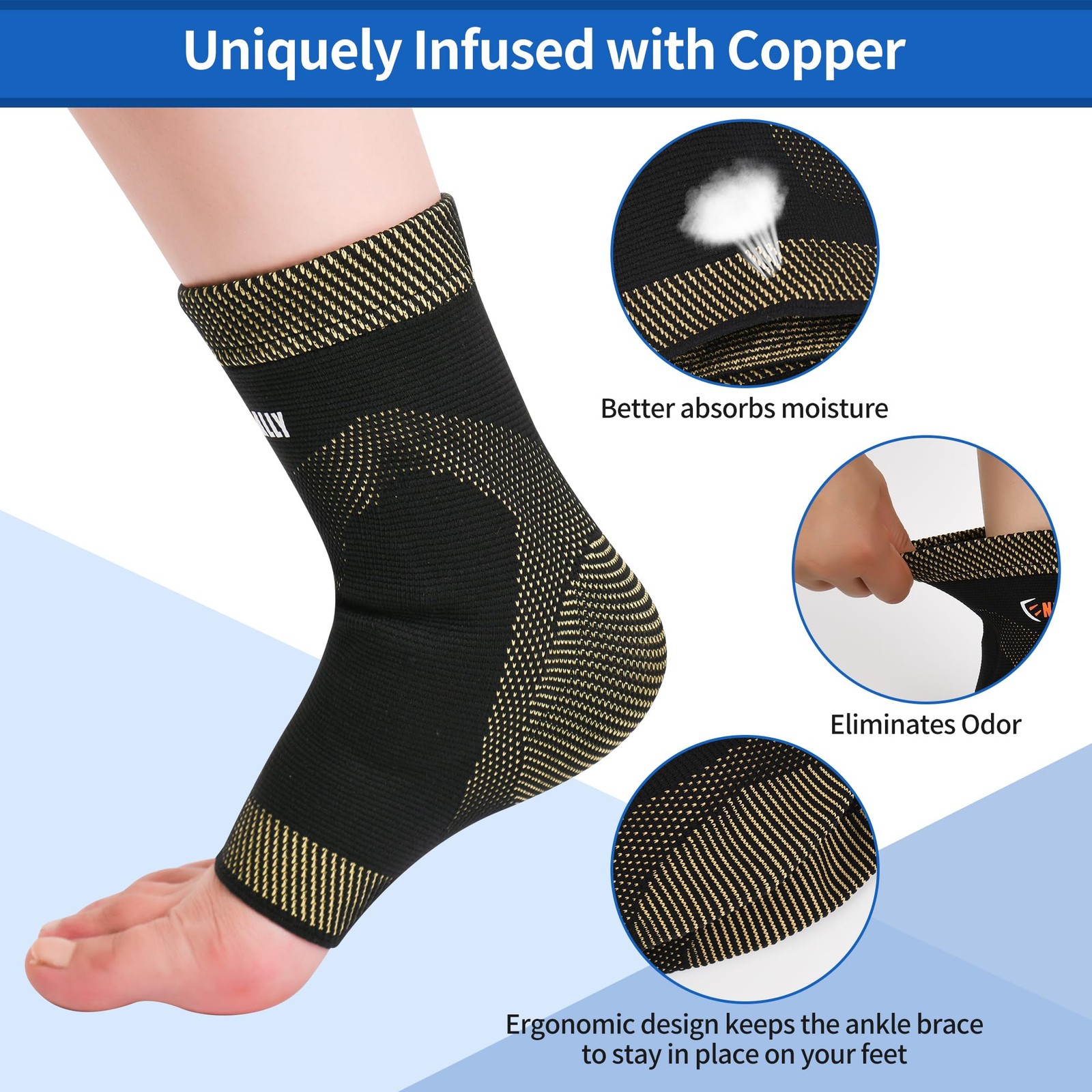 NeoAlly Copper Ankle Support Brace Compression Sleeve with Silicone Medium