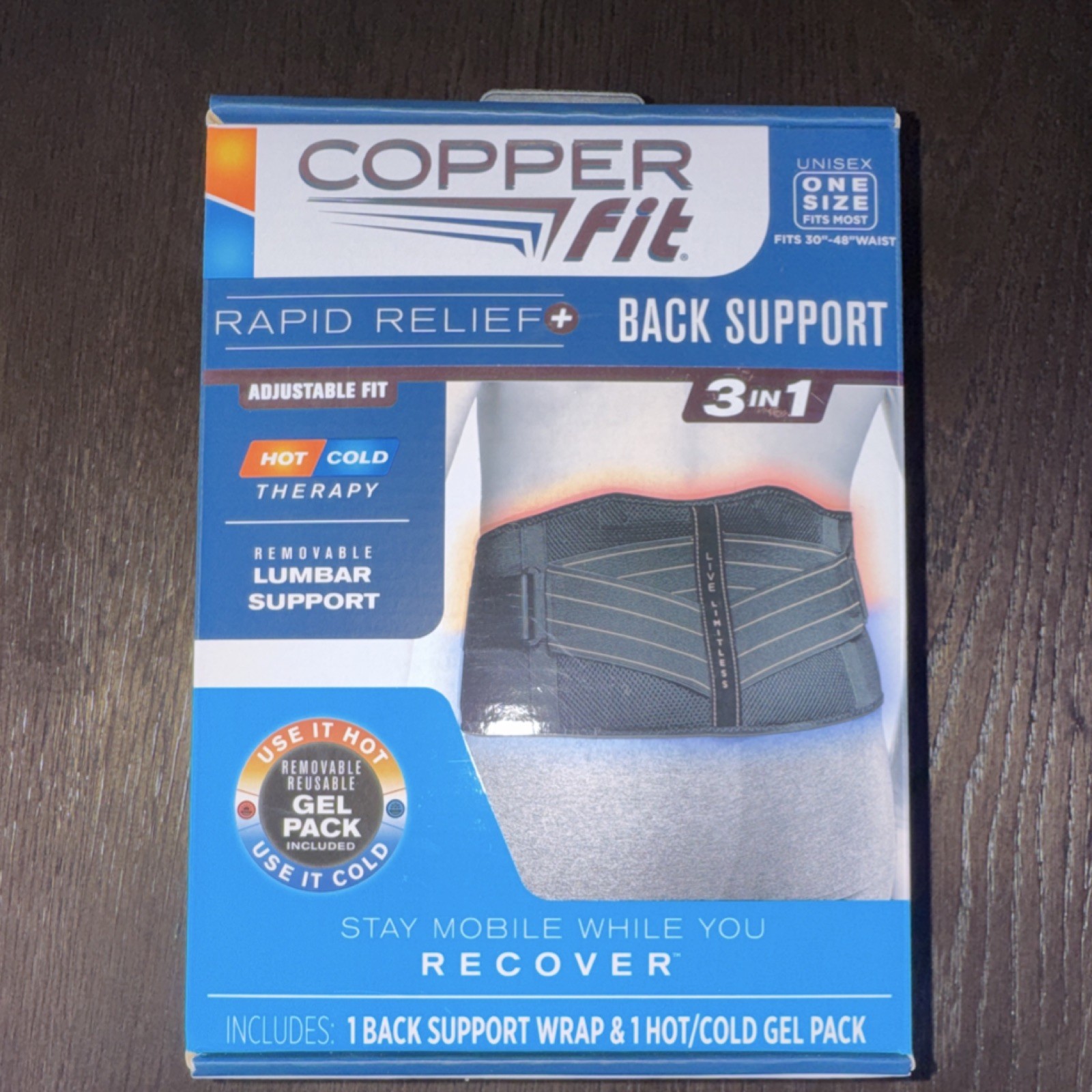 NEW IN BOX Copper Fit Rapid Relief 3-In-1 Hot/Cold Therapy Back Support One Size
