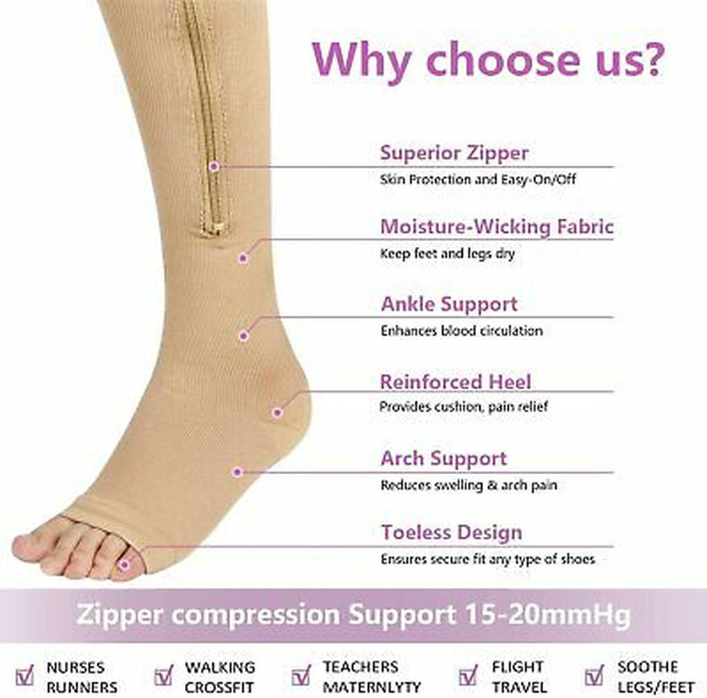 Zipper Compression Socks Hose Unisex Support Stockings Varicose Veins Pregnancy