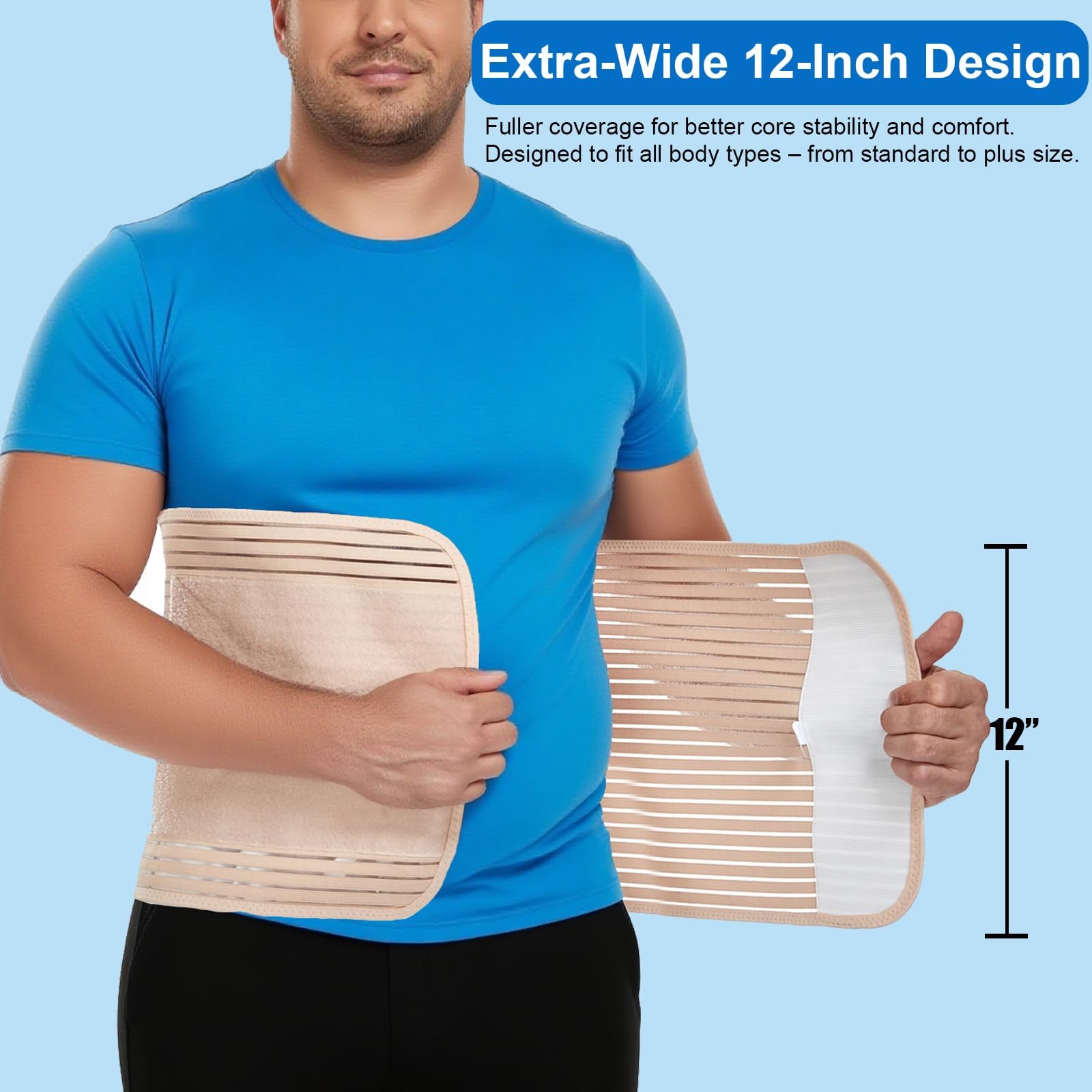 Abdominal Binder Post Surgery 12-Inch Wide Belly Wrap for Men and Women