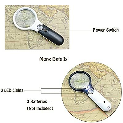 2 Pack Magnifier 3 LED Light, 3X 45X Handheld Magnifier Reading Magnifying Glass