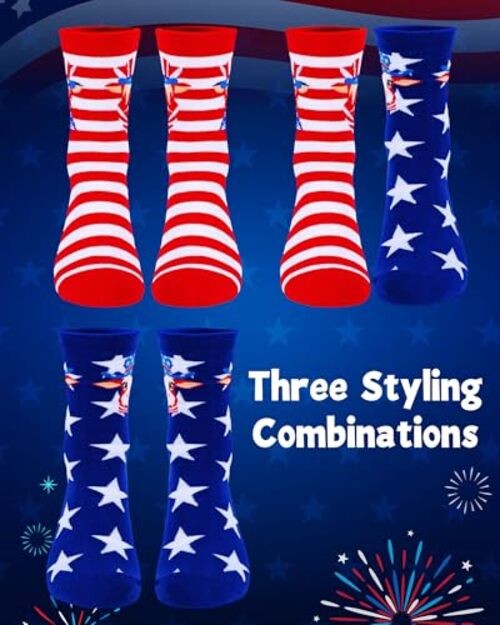 2 Pairs 4th of July Socks for Women Men, Patriotic Socks Red White Blue Stars