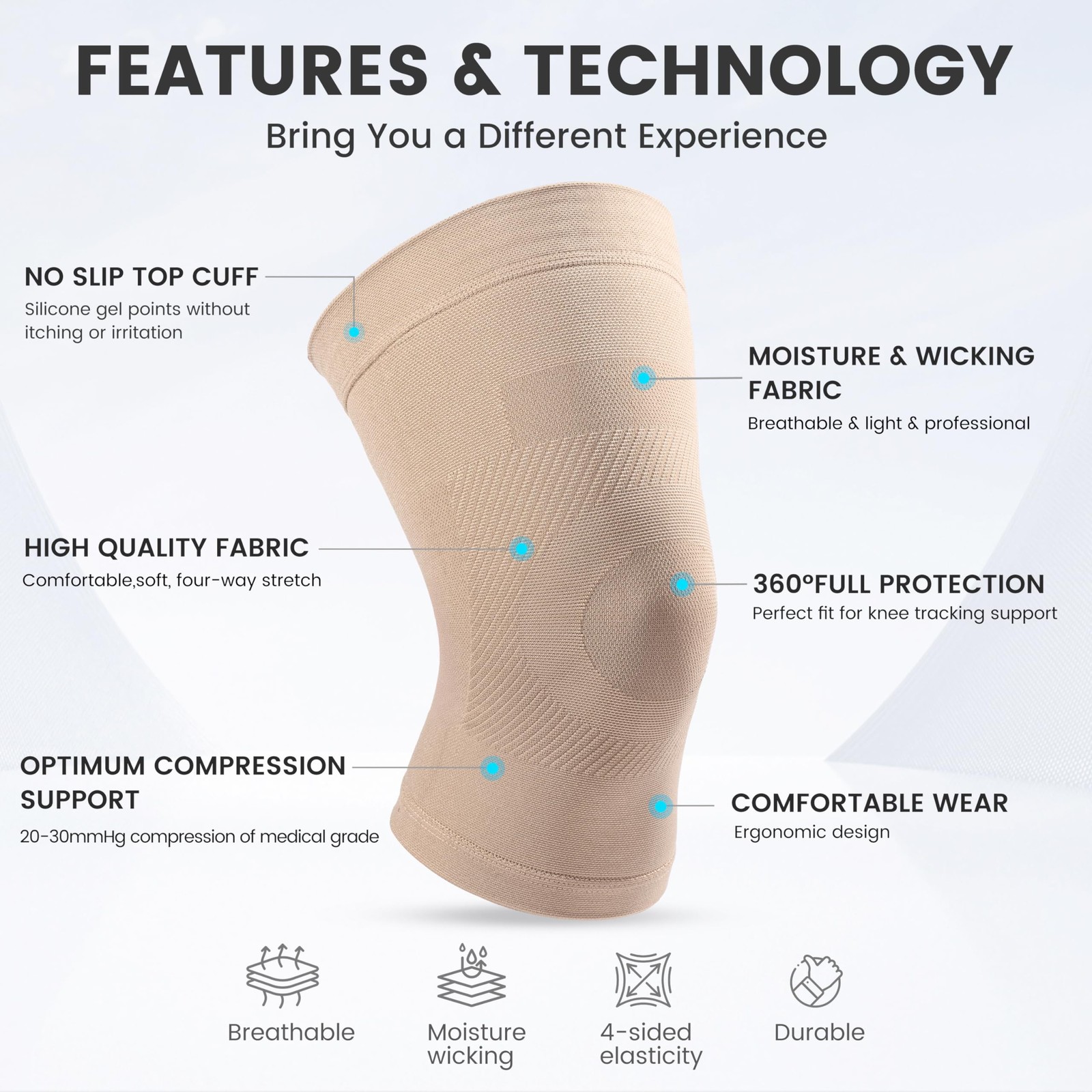 Knee Compression Sleeves, 1 Pair, Can Be Worn Under Pants, 20-30mmHg Strong S…