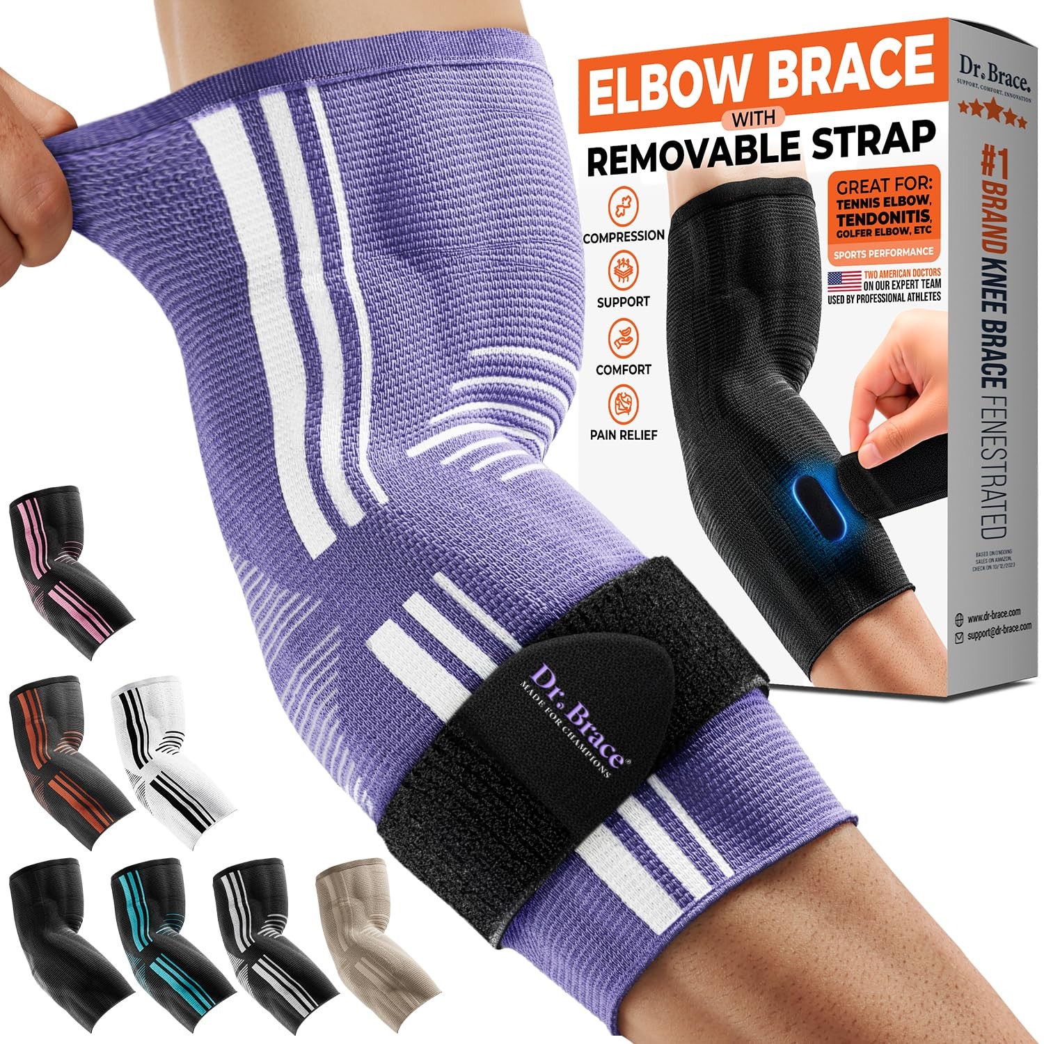 DR. BRACE® Elite Elbow Brace Support with Removable Medium, Purple-White