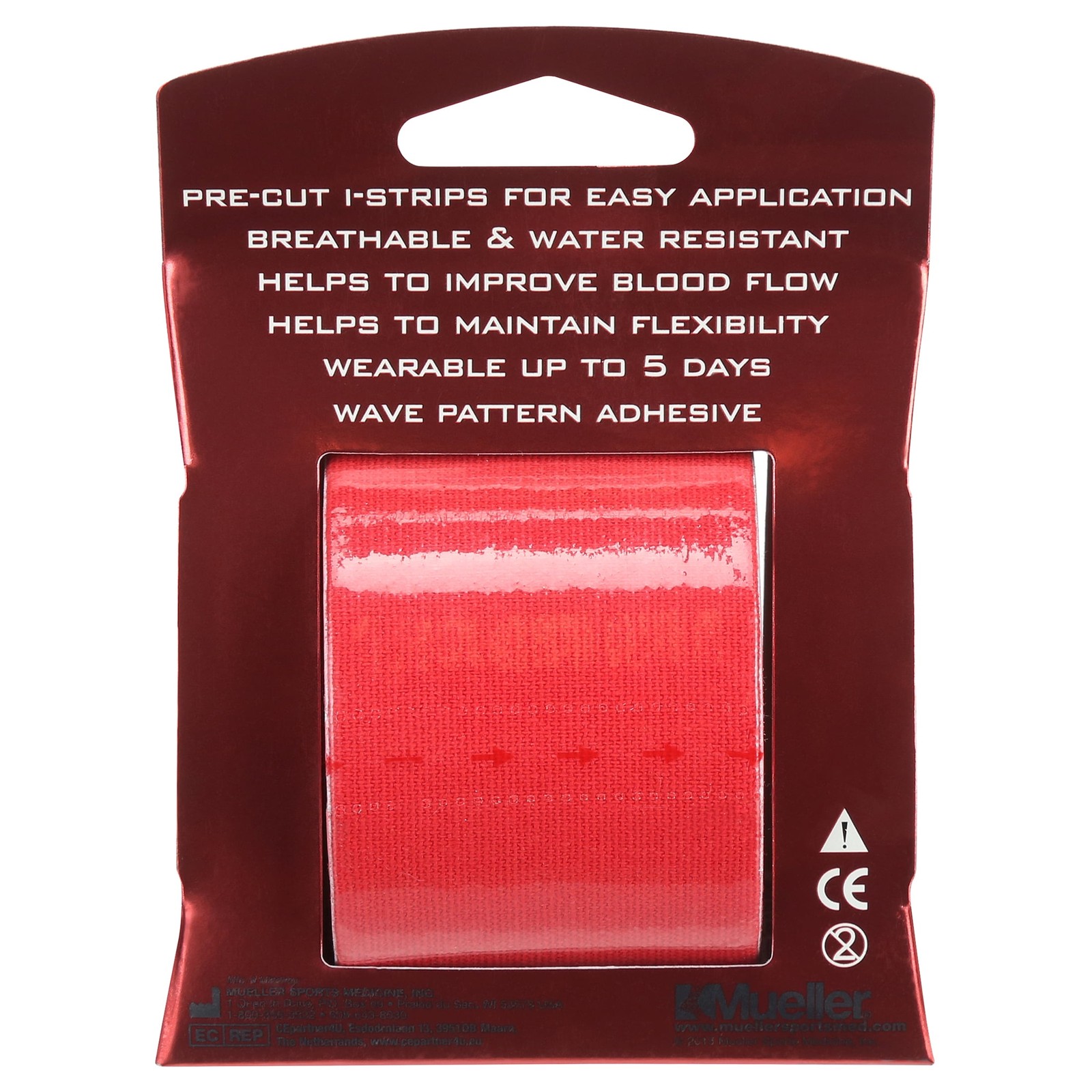 Mueller Kinesiology Tape, Precut I-Strip Roll, 20 strips, Red