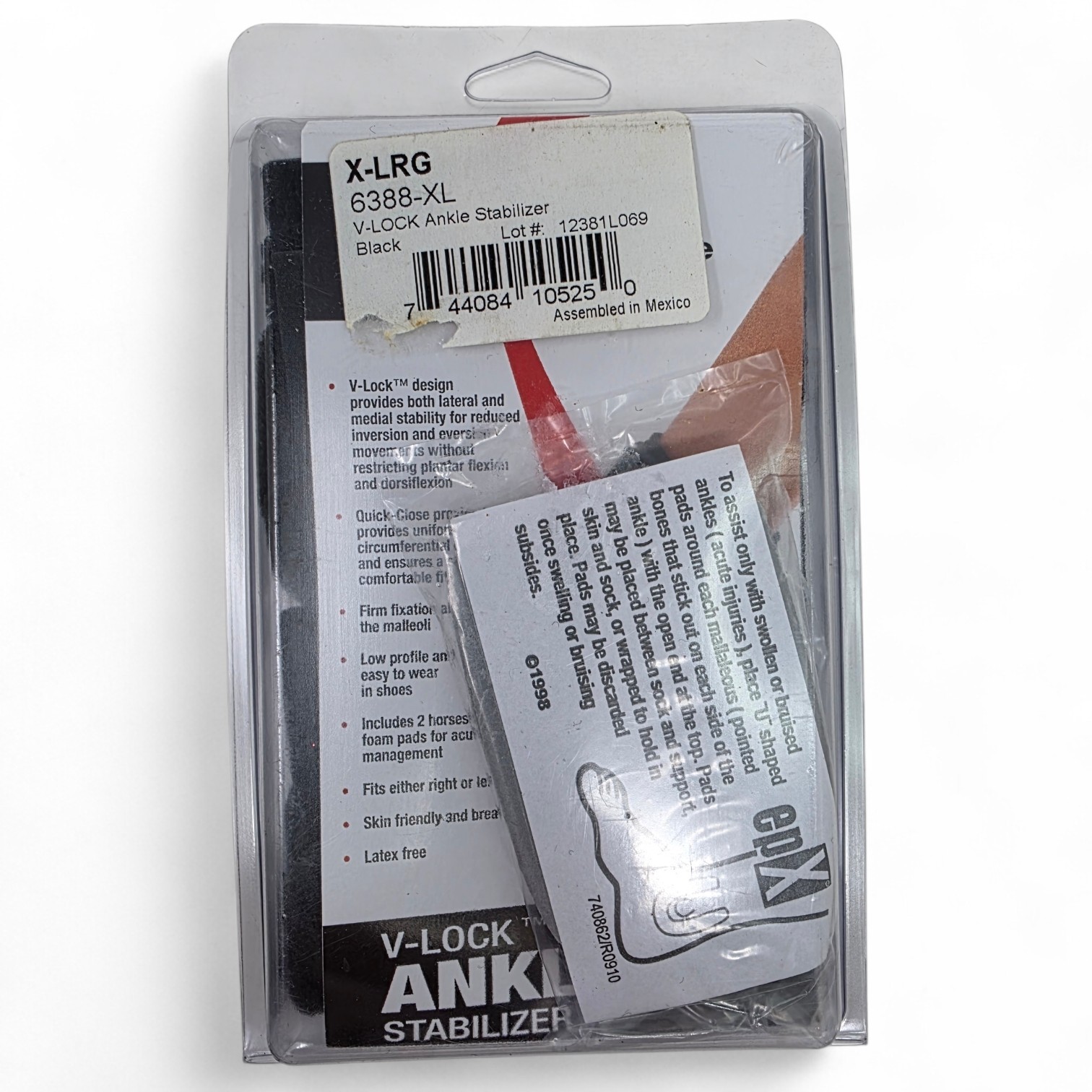 NEW epX 6388 XL V-Lock Ankle Stabilizer Brace Medial/Lateral Foam Pads
