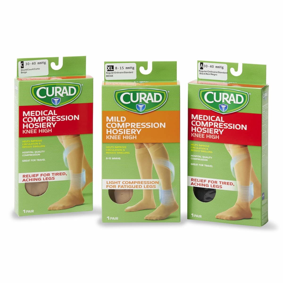 CURAD Knee High Compression Hosiery, 20-30 mmHg, Tan, Size C C-Regular, Beige