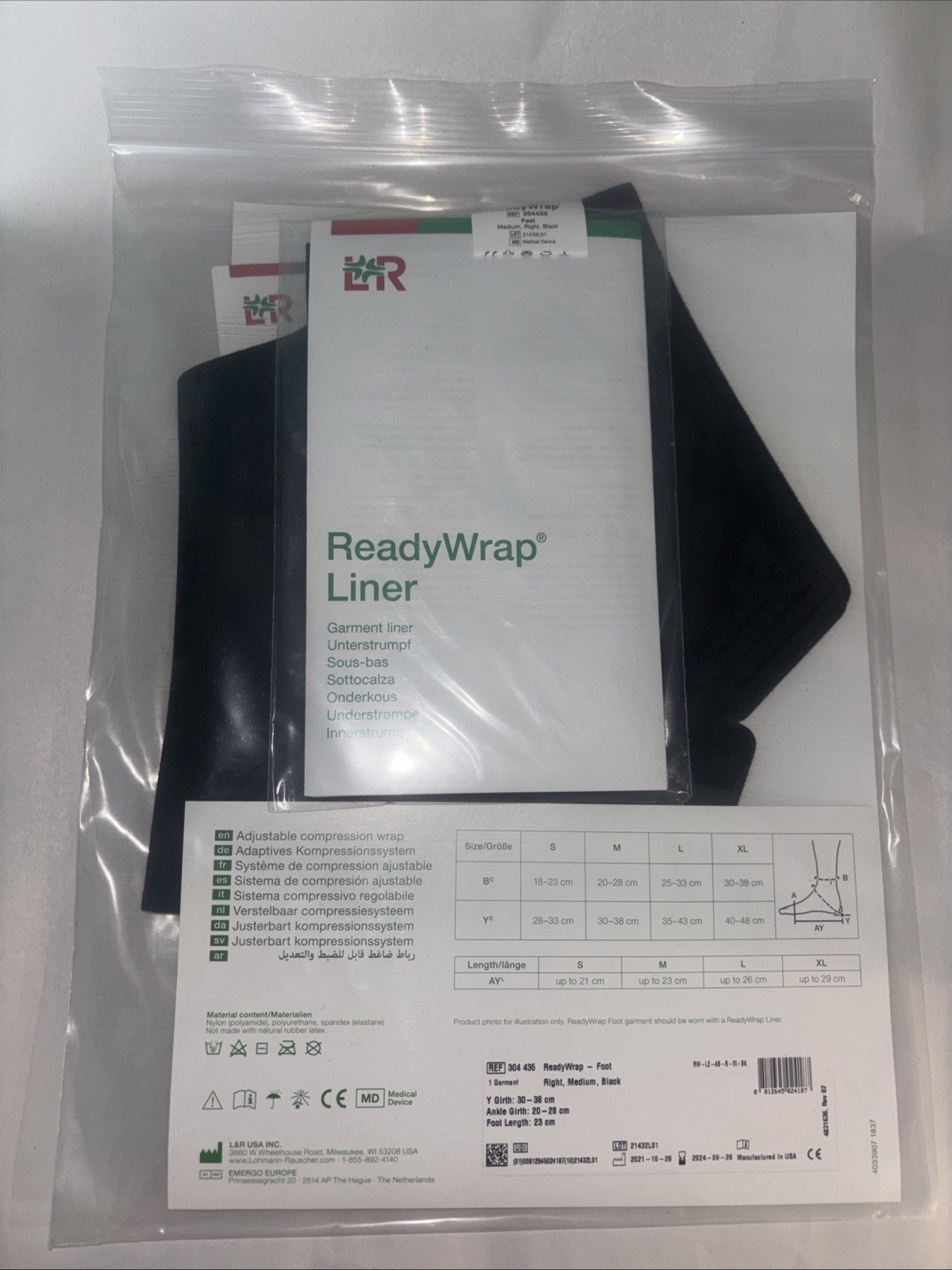 L&R Medium Black Right Foot Adjustable Compression ReadyWrap & Liner Foot CT New