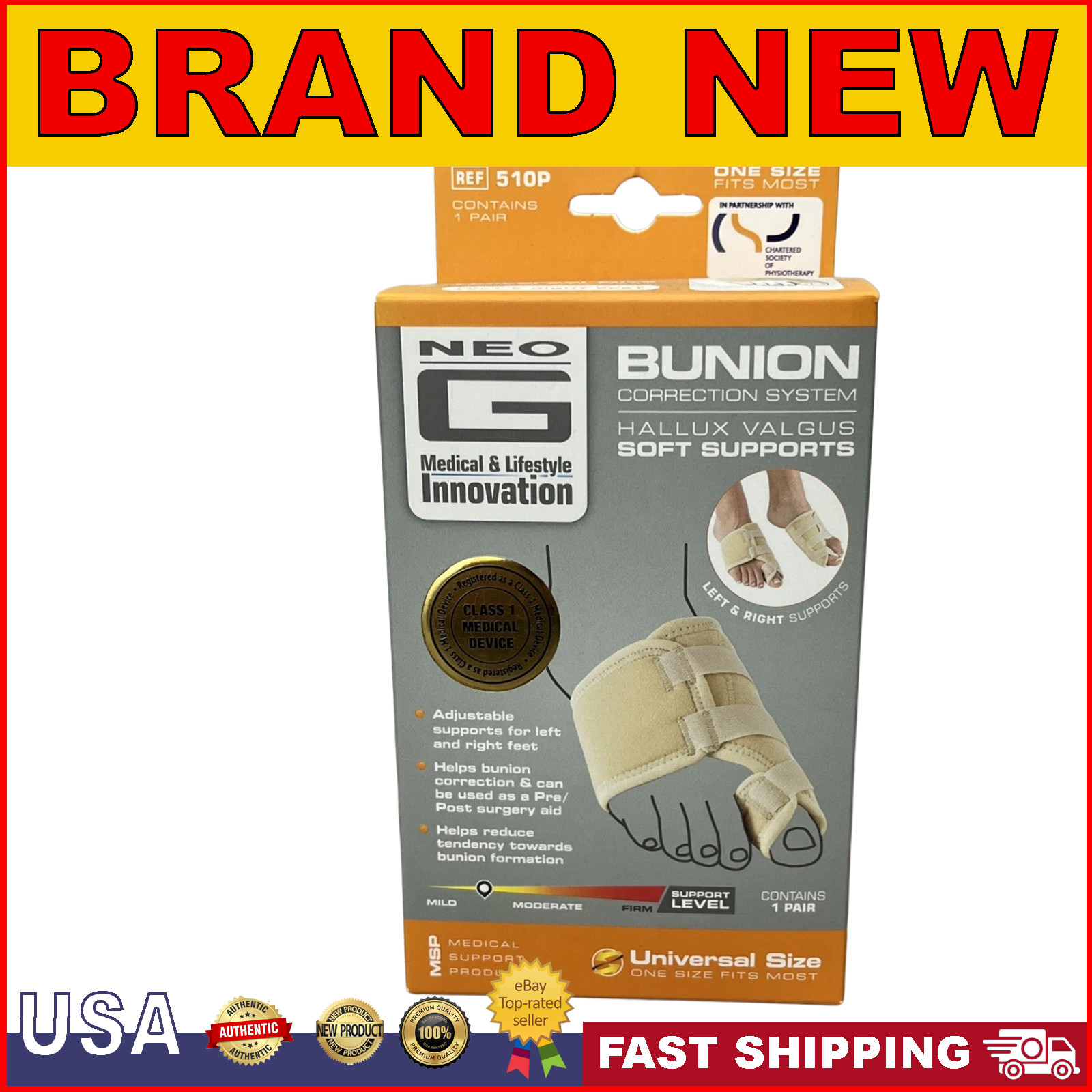 NEO G Bunion Correction System One Pair Soft Support Adjustable Brace One Size