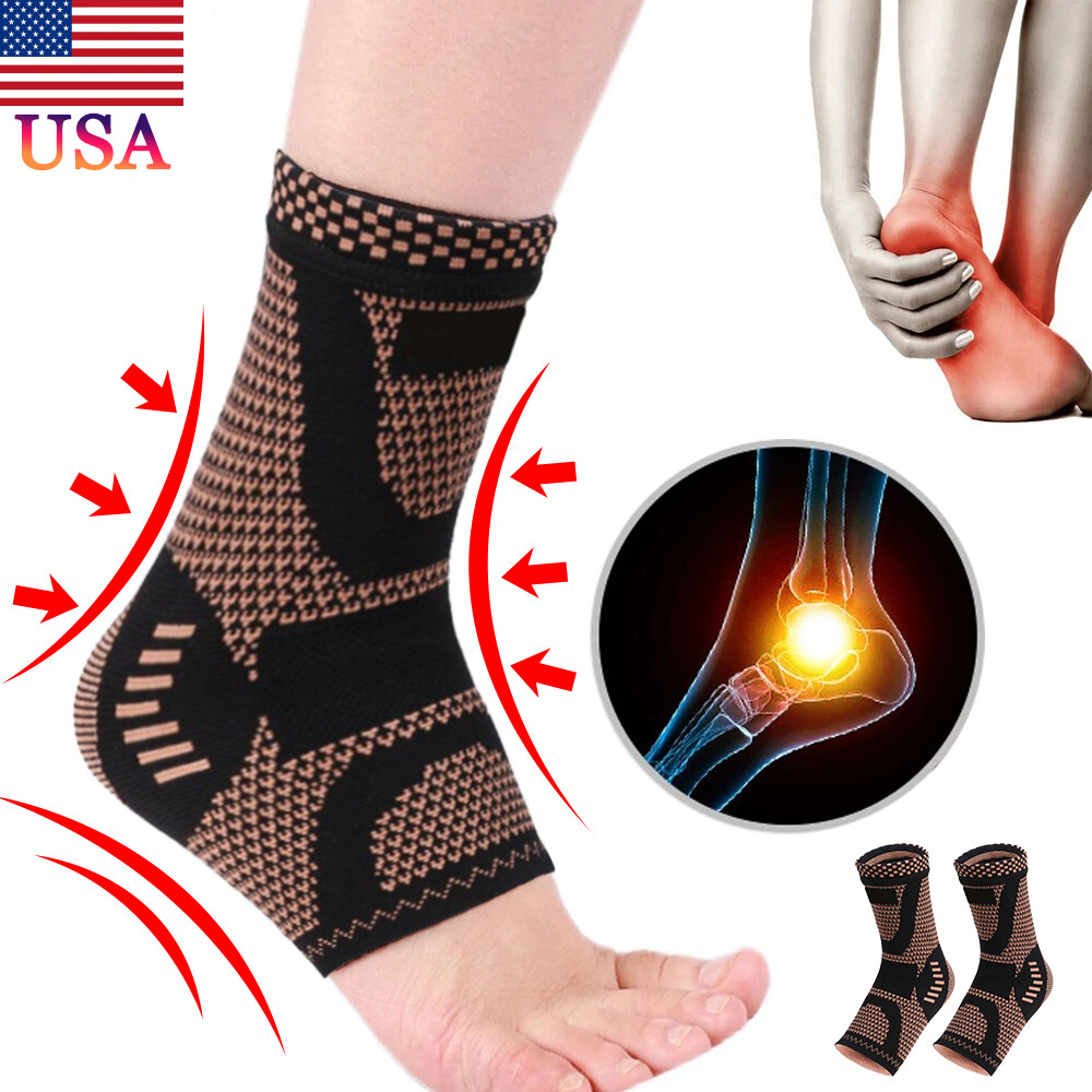 Copper Ankle Brace Support Compression Sleeve Sports Joint Fasciitis Pain Relief
