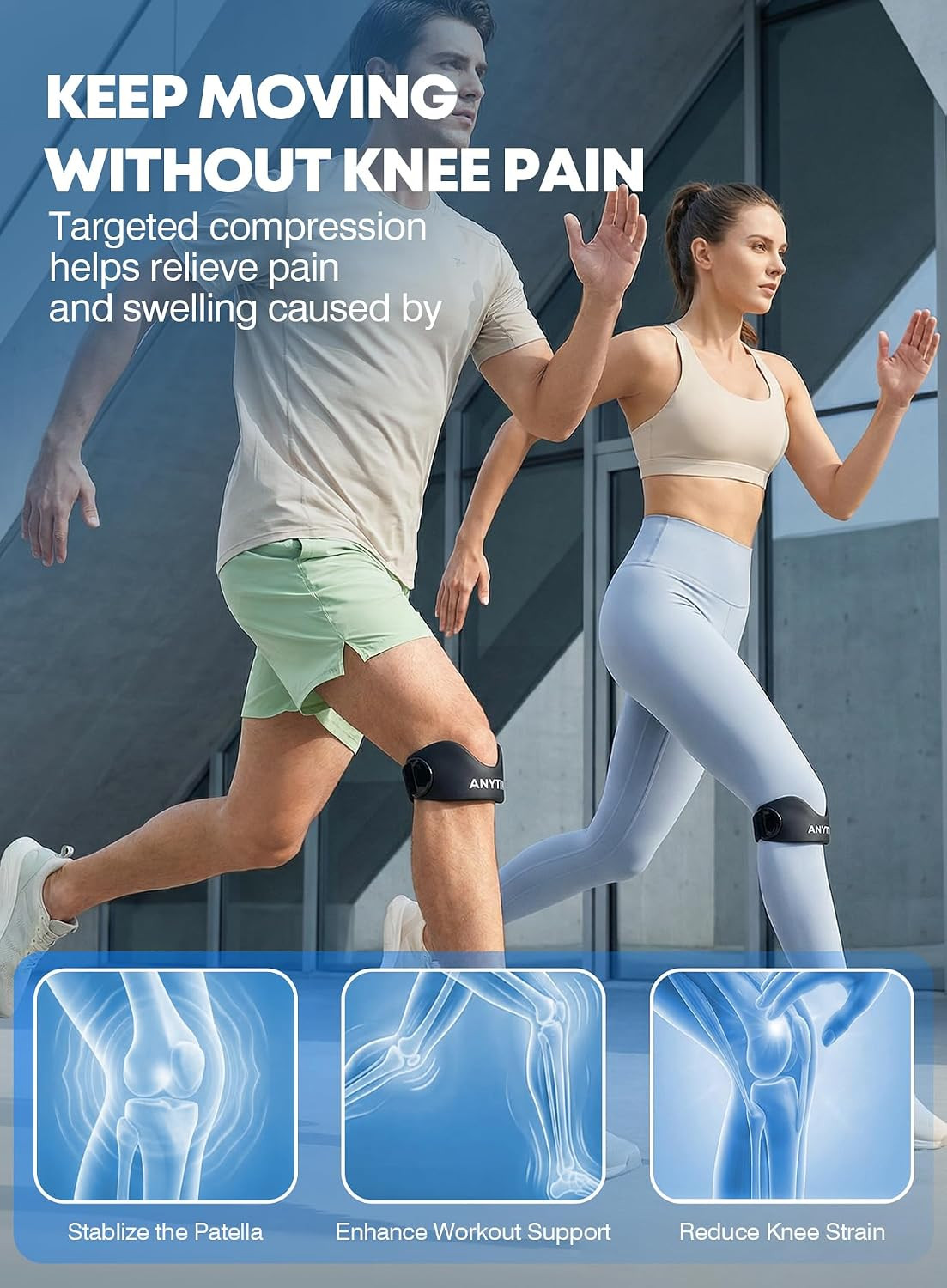 Silicone Patellar Tendon Support Strap 2 Pack, Knee Brace for Women & Men