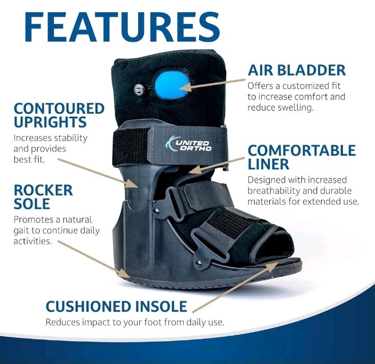 United Ortho Short Air Cam Walker Fracture Boot for Foot, Ankle, Large, Black