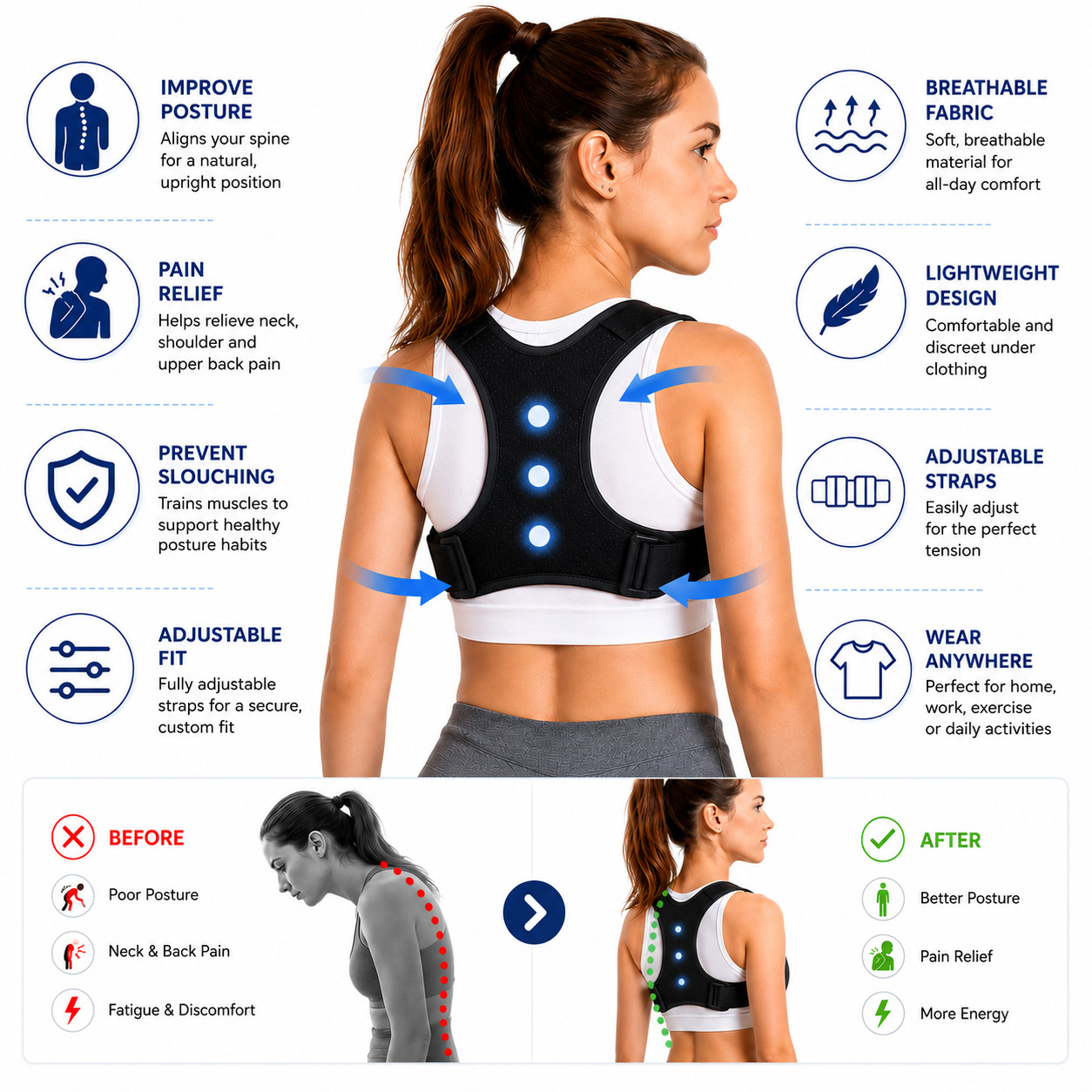 Adjustable Posture Support for Women Men Breathable Upper Back Brace