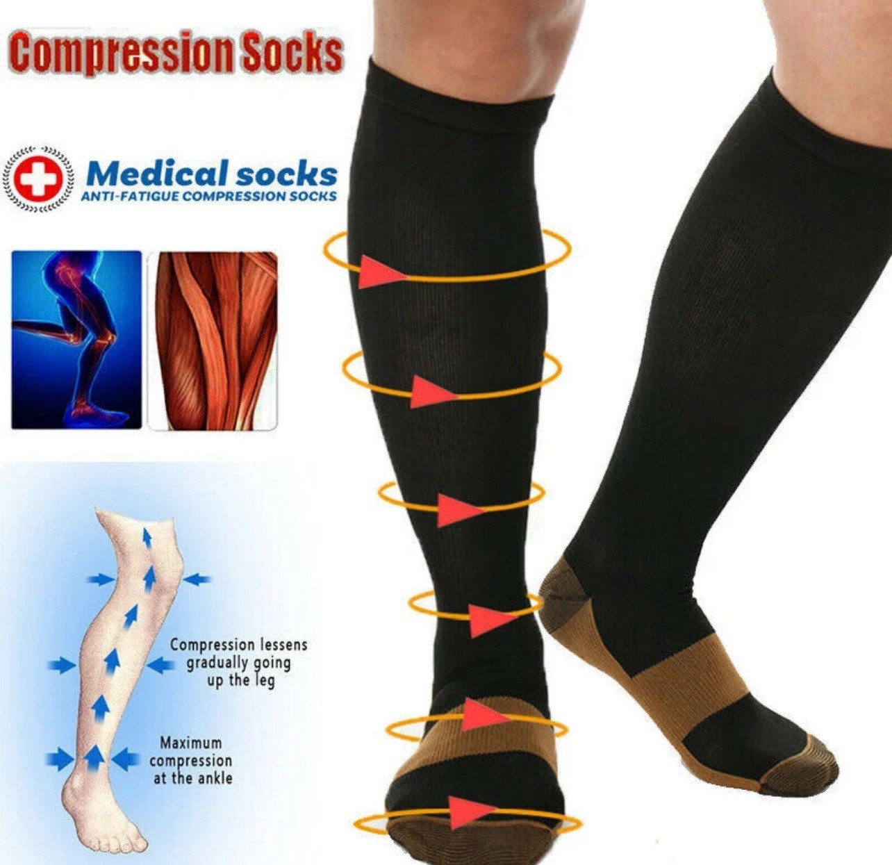 Compression Socks (1 Pair), Unisex, S/M, Knee-High, Extra Wide Calf – brown