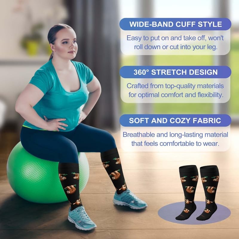 Plus Size Compression Socks Wide Calf 15-20 mmHg Knee High Men Women Nurse