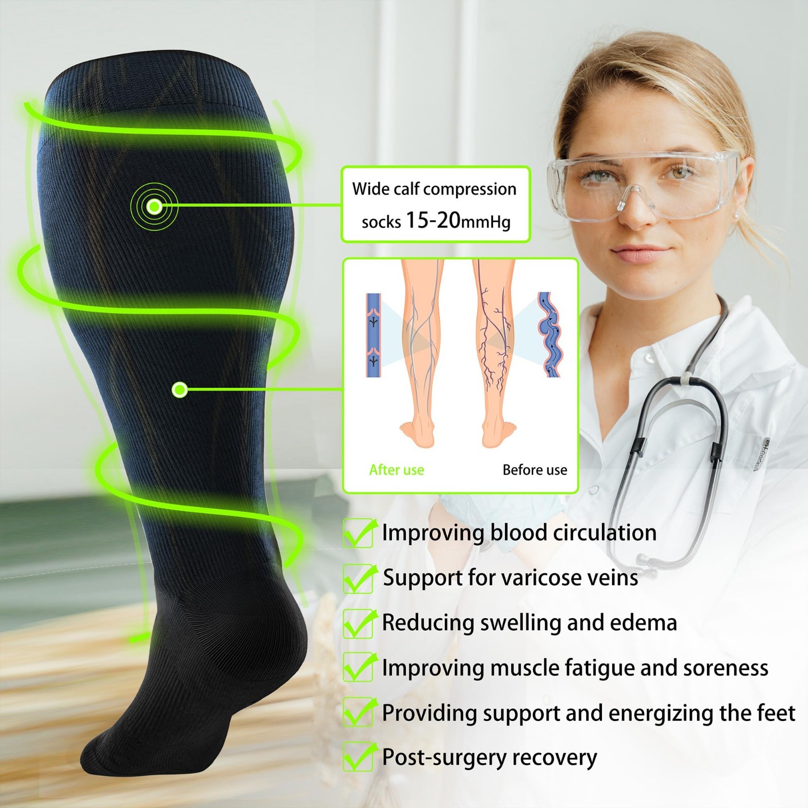 Wide Calf Compression Socks 15-20mmHg Knee High Support Stockings for Circulatio
