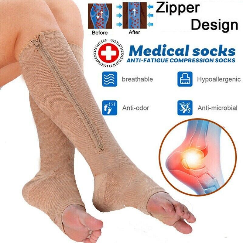 Open Toe Gel Support Stockings Compression Knee High Socks PAIR Side Zipper NEW