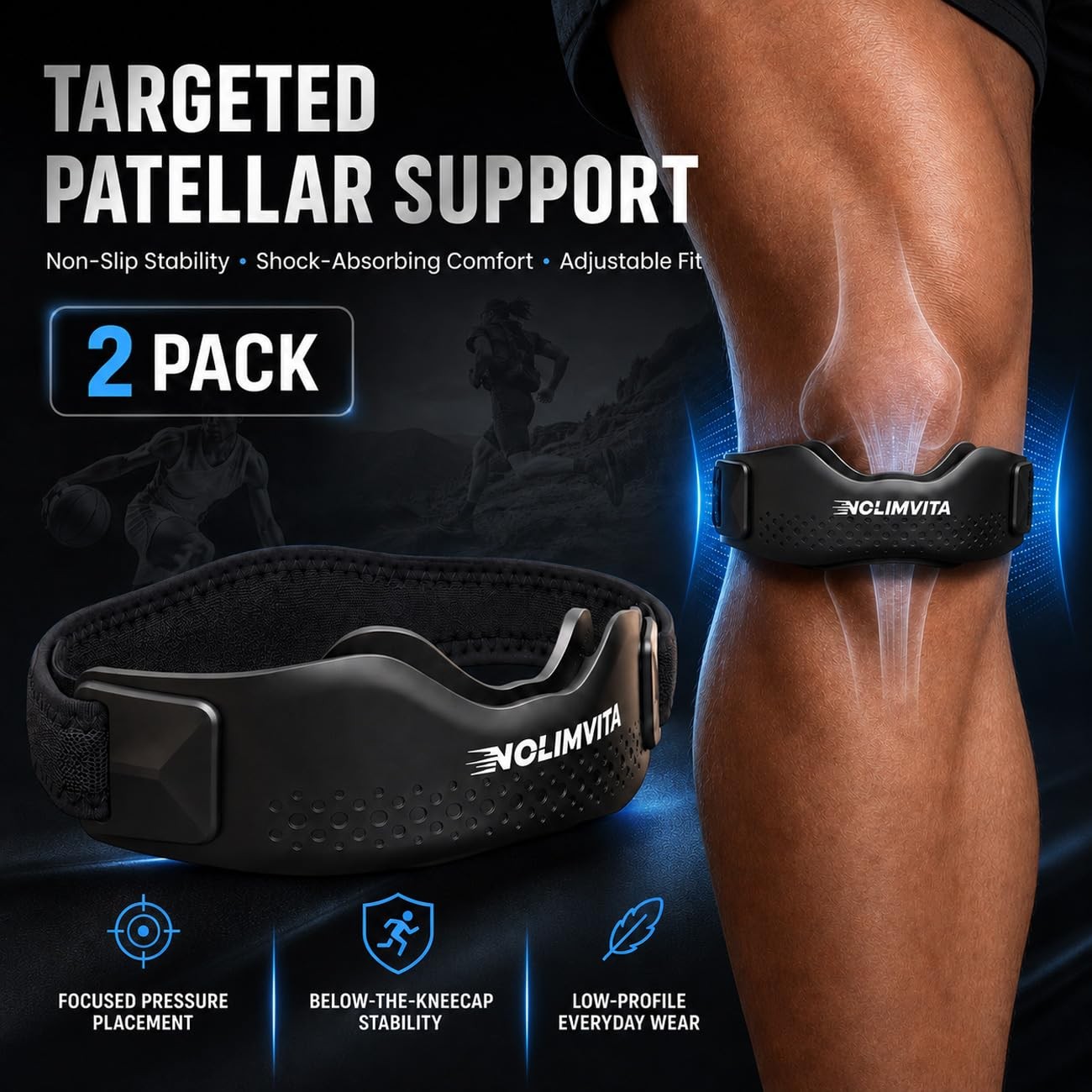 Nolimvita Patellar Tendon Support Strap, 2 Pack Knee Strap One Size, Black