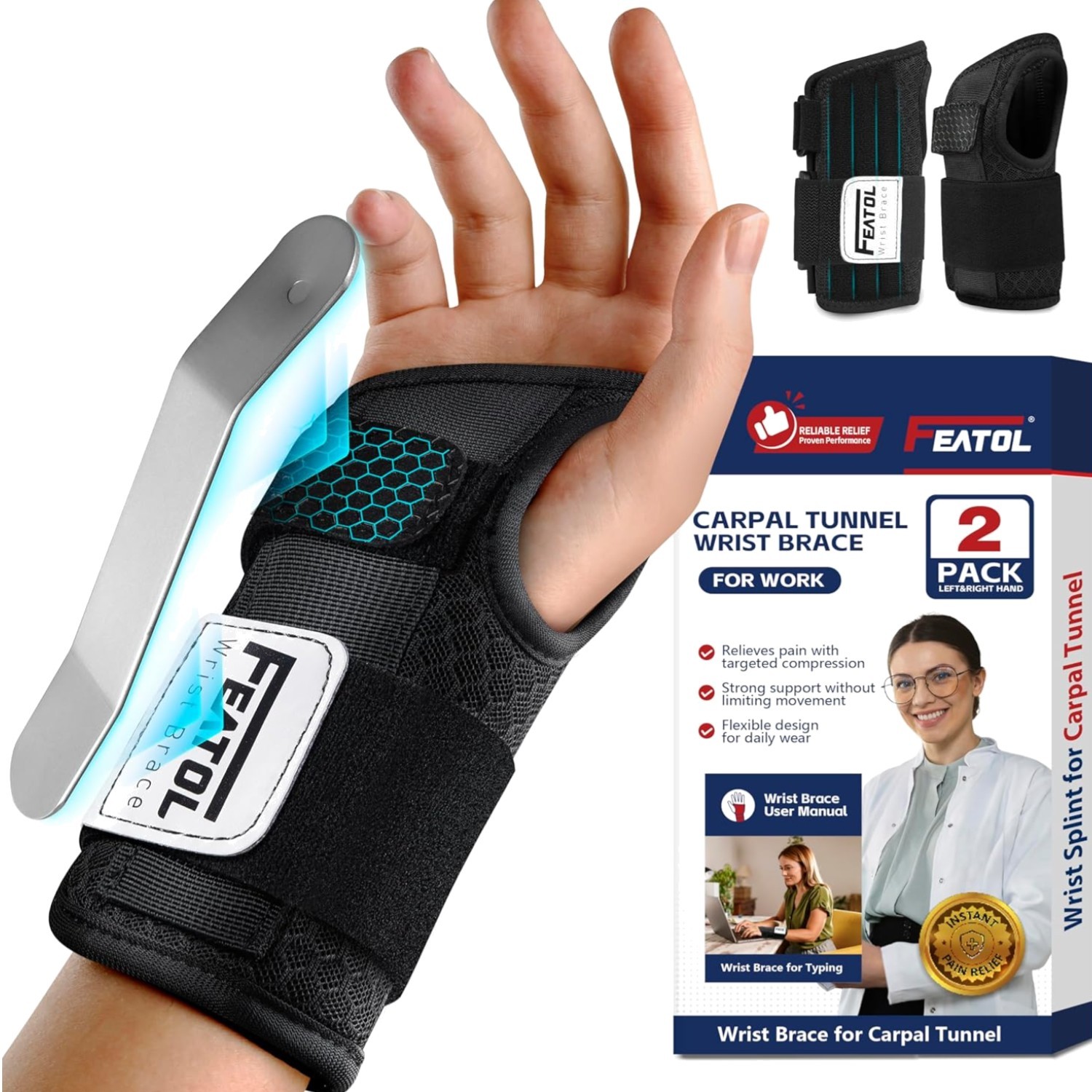 2 Pack Carpal Tunnel Wrist Brace For Work With Wrist Splint, 6.5” Wrist Brac…