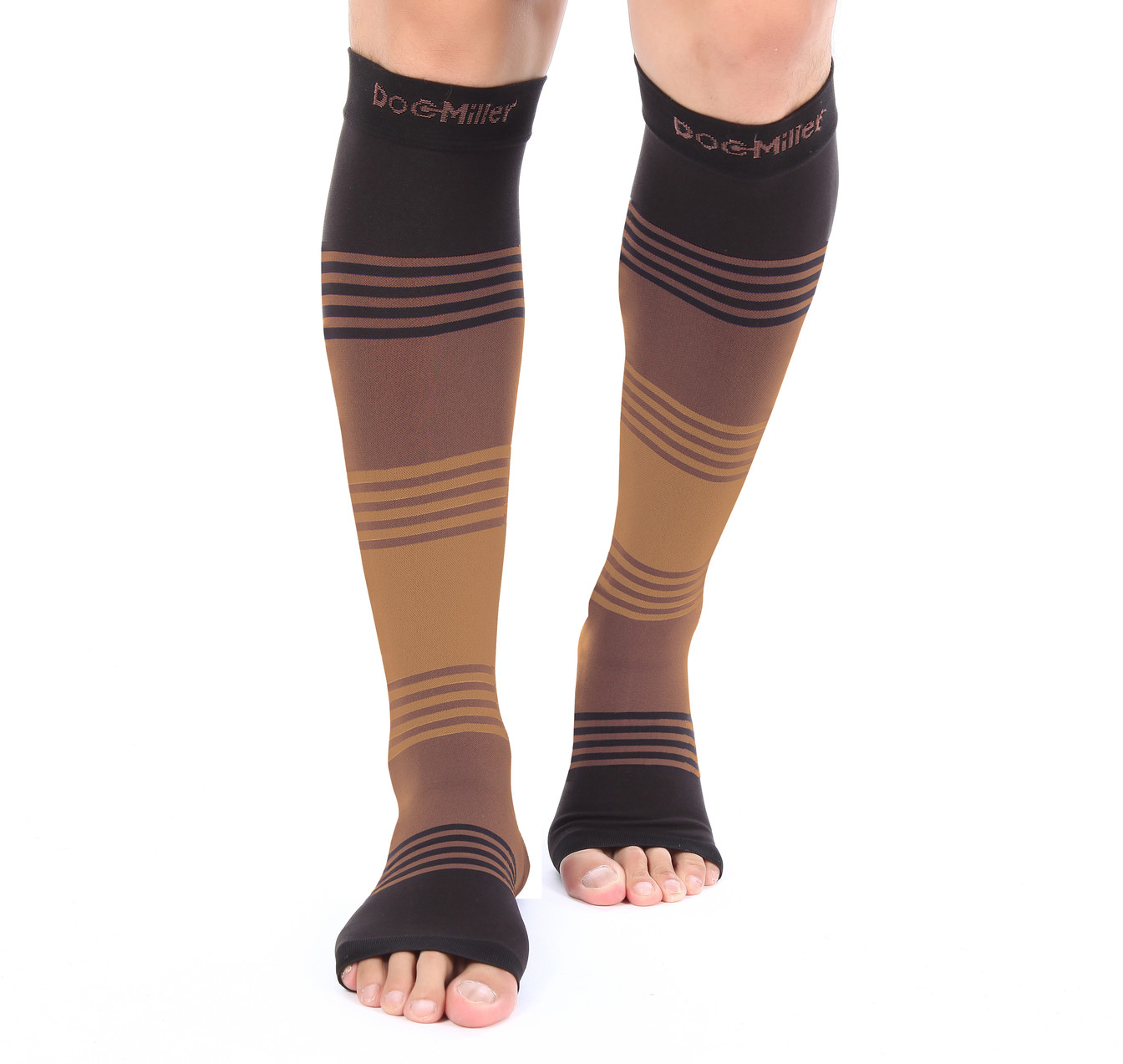 Doc Miller Open Toe Socks Compression Sleeve 20-30 mmHg Varicose Veins BLACK/TAN