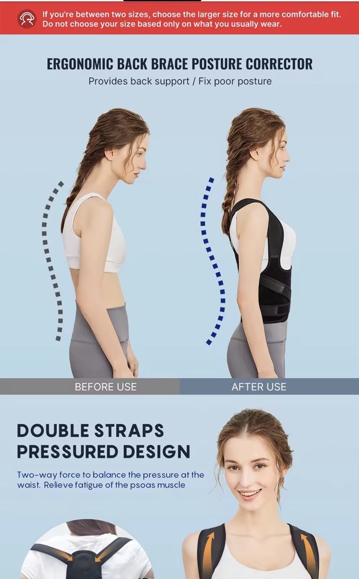 Welkong Adjustable Breathable Posture Corrector Back Brace Black S/M/L