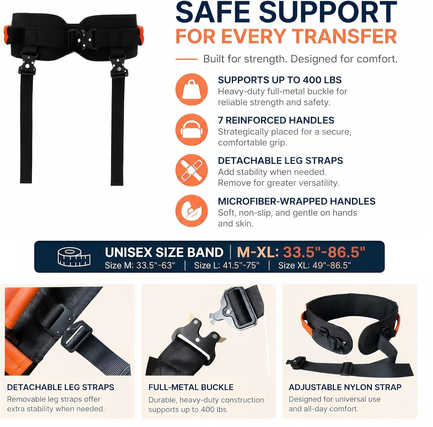 Gait Belt, Upgraded with Metal Buckle & Detachable Leg Straps, 7 Reinforced H…