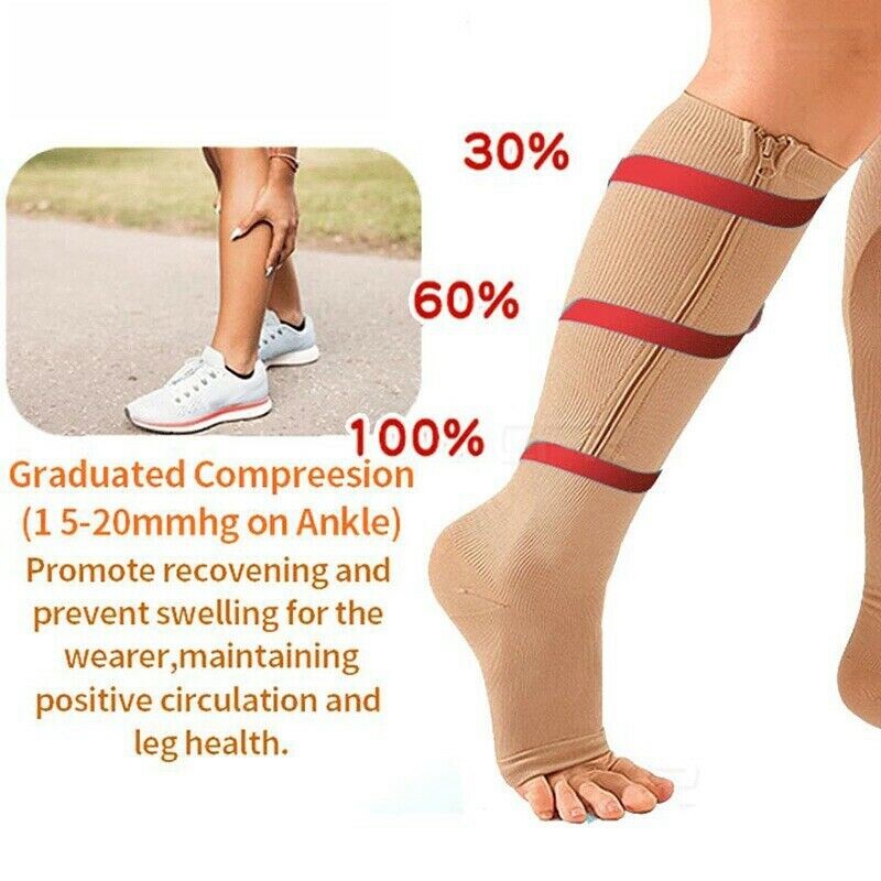 Zipper Open Toe Stockings Performance Compression Socks 20-30 mmgh Below Knee US