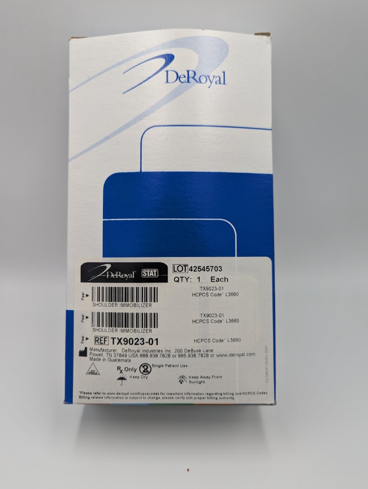 DEROYAL SHOULDER IMMOBILIZER W/ FOAM STRAP SMALL REF TX9023-01 NEW IN BOX