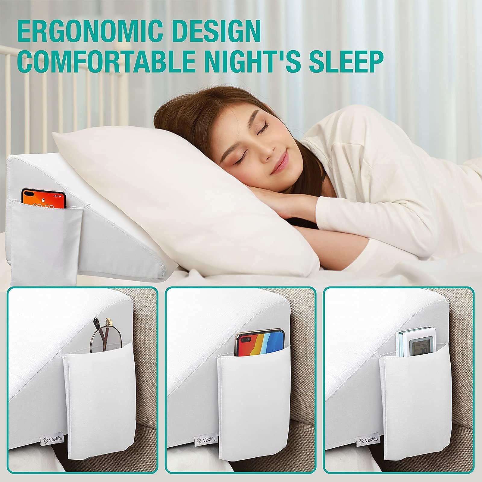 Vekkia King Bed Wedge Pillow for King(10 in x 6 x 76 in–Big), White