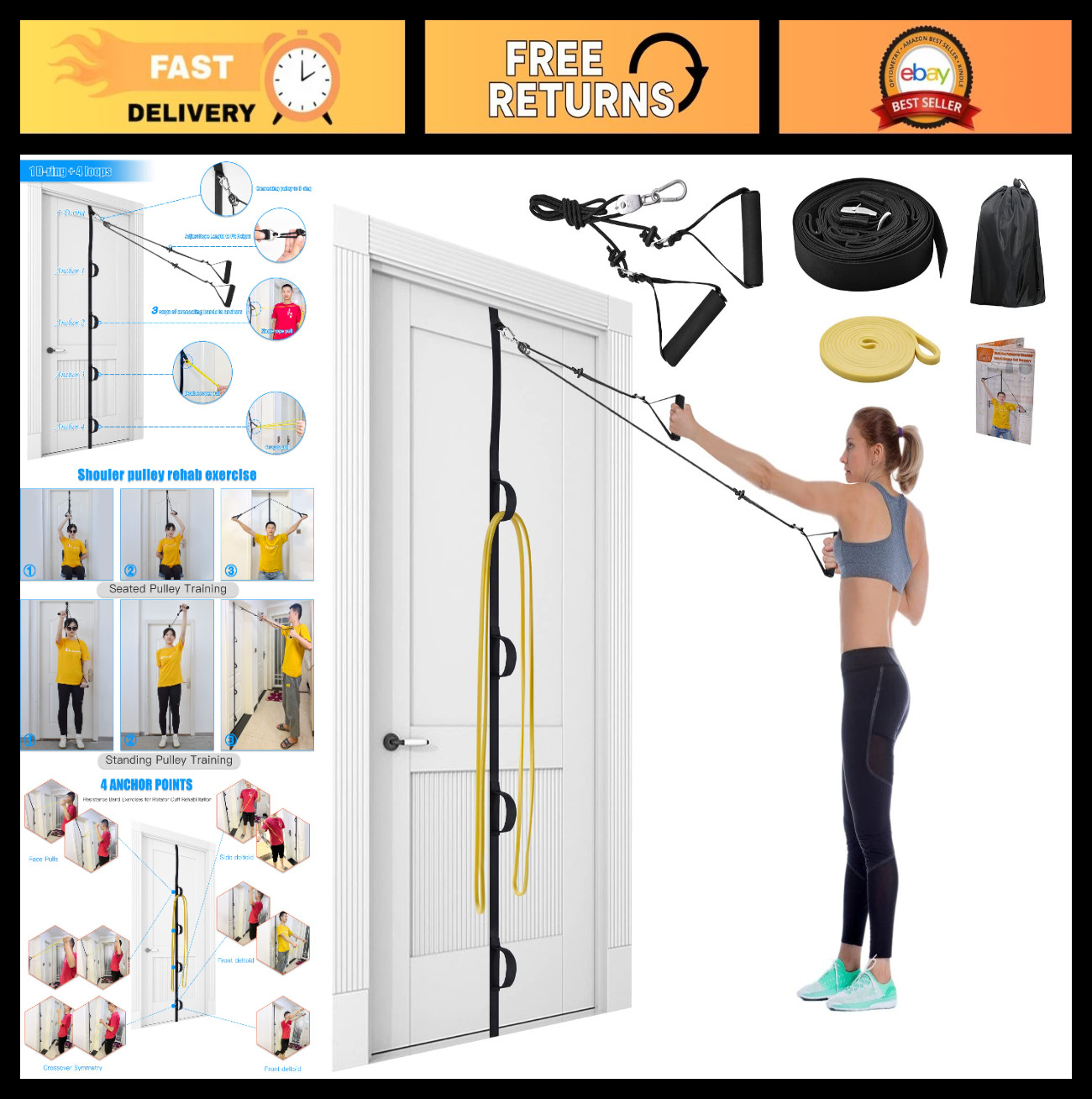 Shoulder Rehab Pulley System with Foam Handles & Multi-Anchor Door Strap – Physi