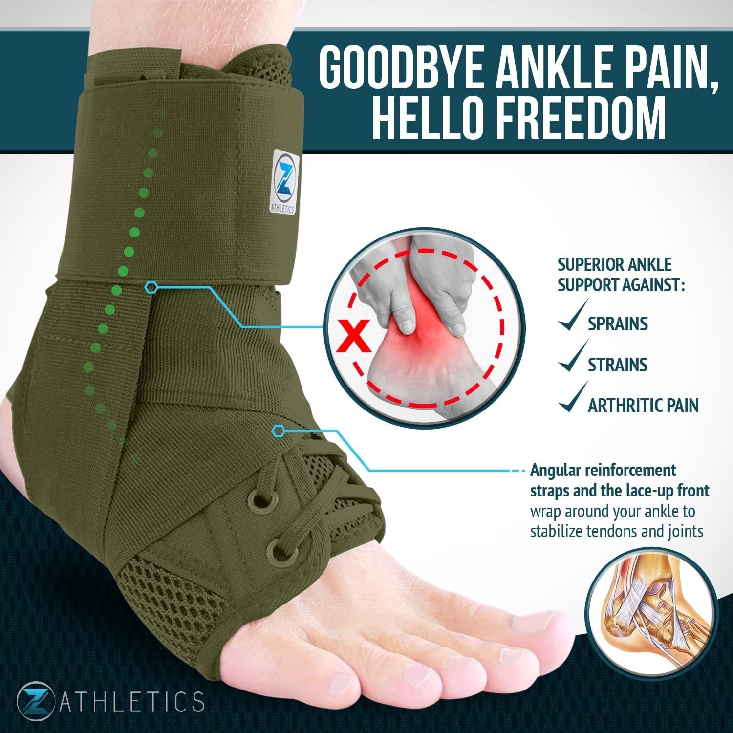 Z ATHLETICS Zenith Ankle Brace, Lace Up Adjustable Medium, Olive Green