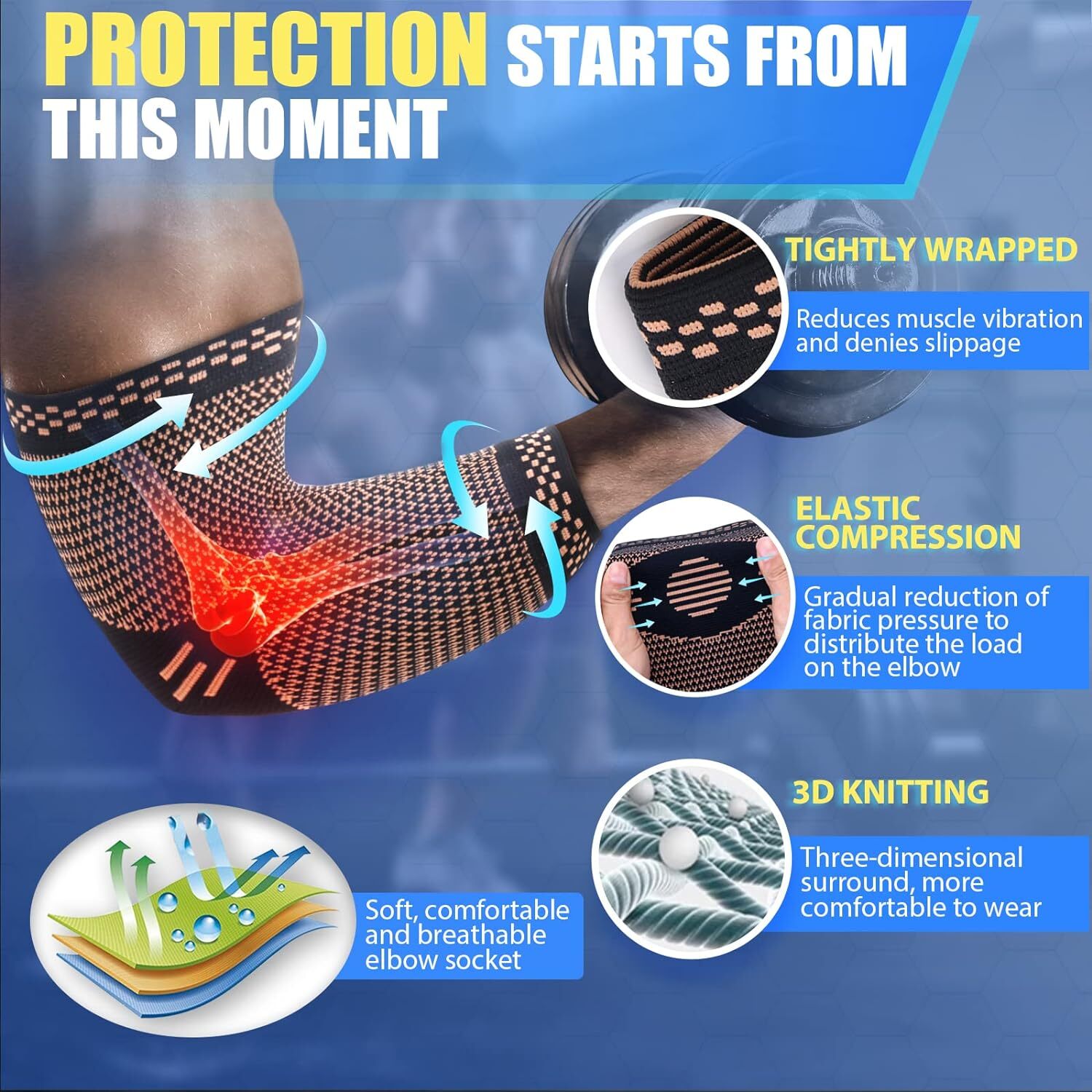 Copper Elbow Brace Compression Support Sleeve Tennis Arthritis Joint Pain Relief
