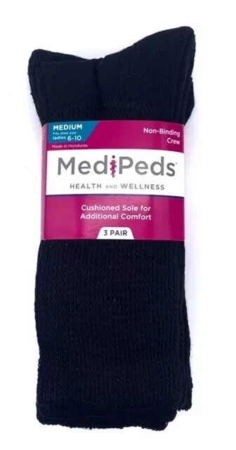 Women’s Black MediPeds Crew Socks 6 Pairs Women’s Shoe Size 6-10