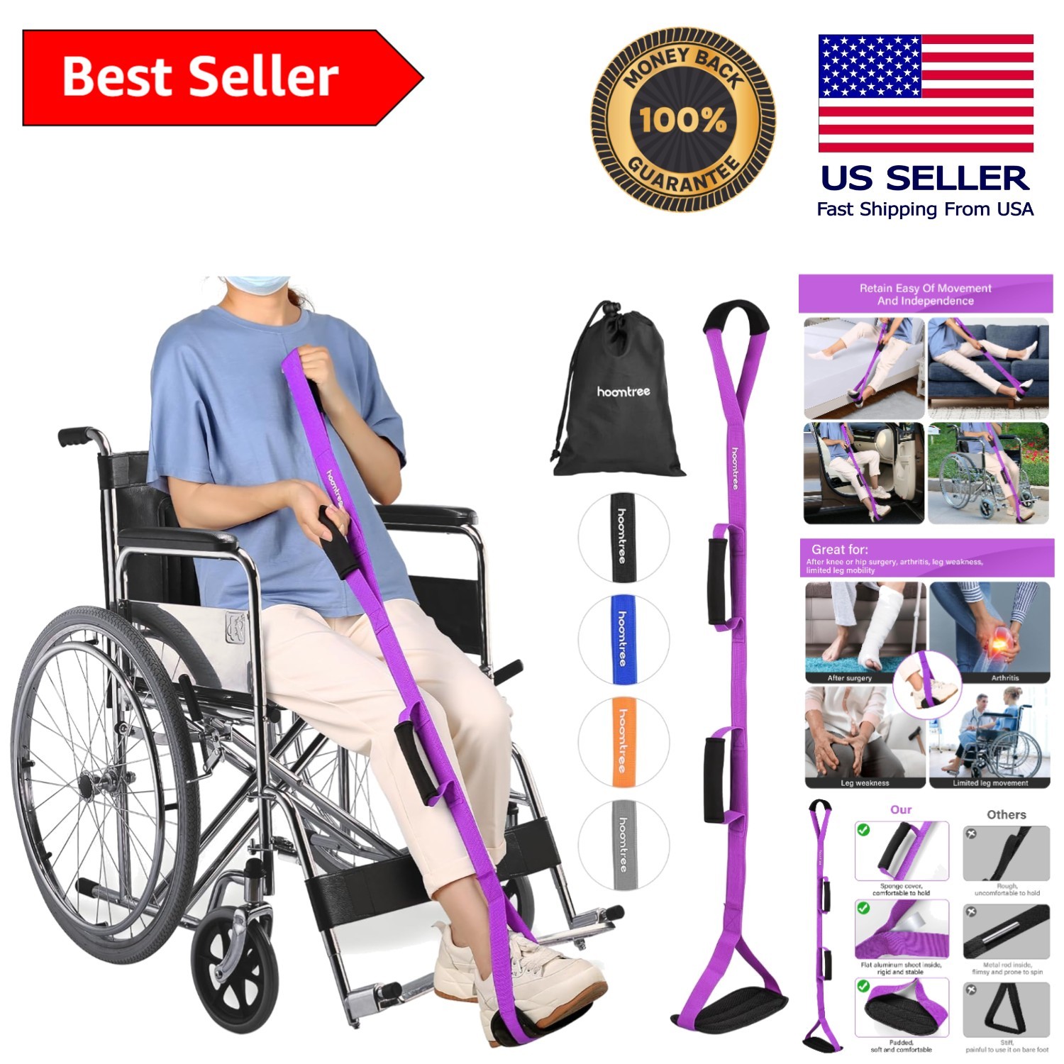 39” Long Leg Lifter Strap with Padded Handgrips and Feet Loop,Rigid Leg Lift…